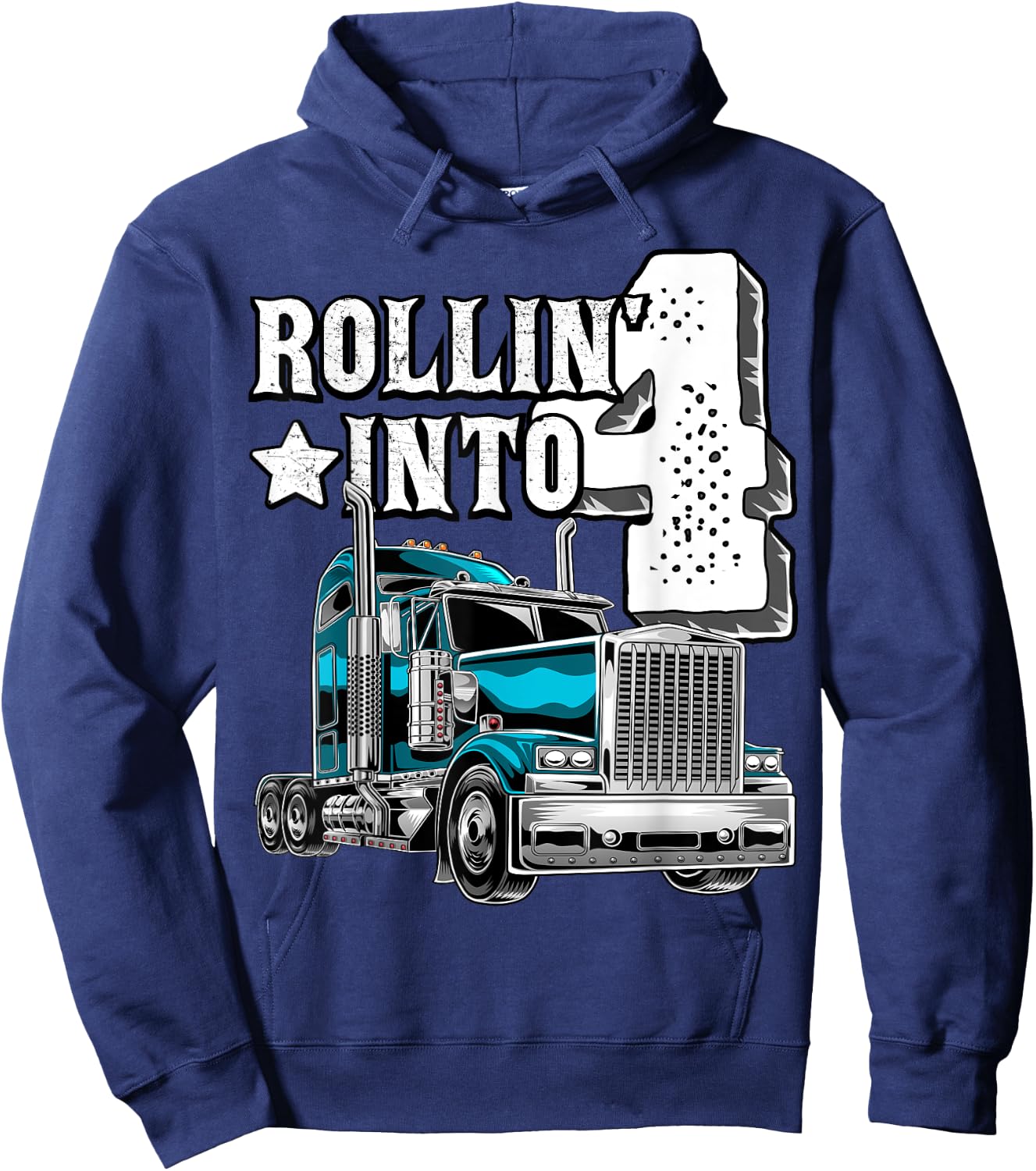 Rollin into 4 Big Rig Semi-Trailer Truck 4th Birthday Gift Hoodie - Hoodie | Navy