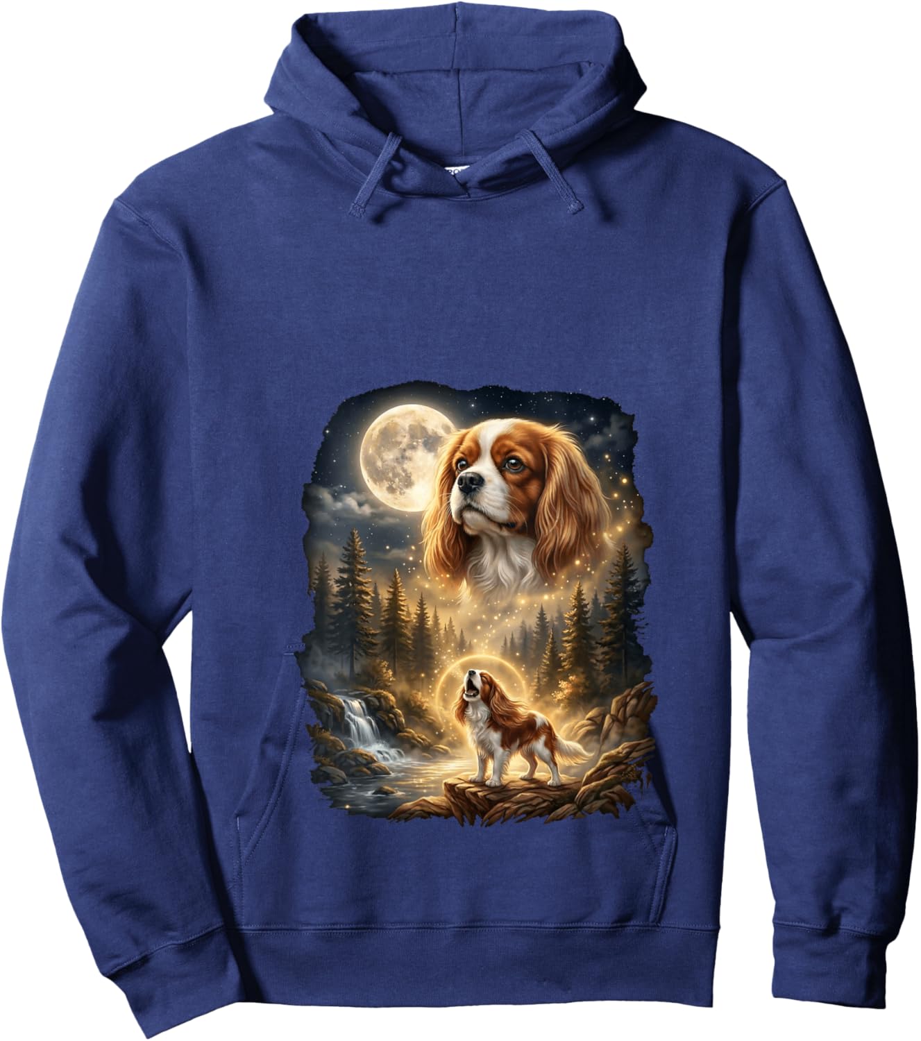 Women's Cavalier King Charles Spaniel Howling At The Moon Retro V-Neck Hoodie - Hoodie | Navy