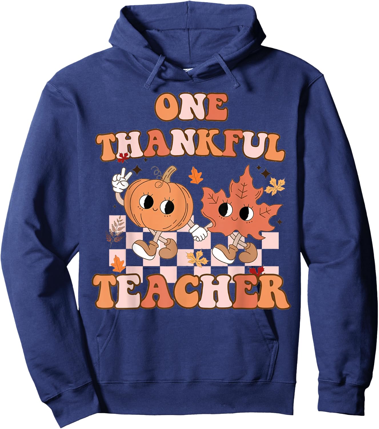 One Thankful Teacher Fall Leaves Thanksgiving Retro Hoodie - Hoodie | Navy