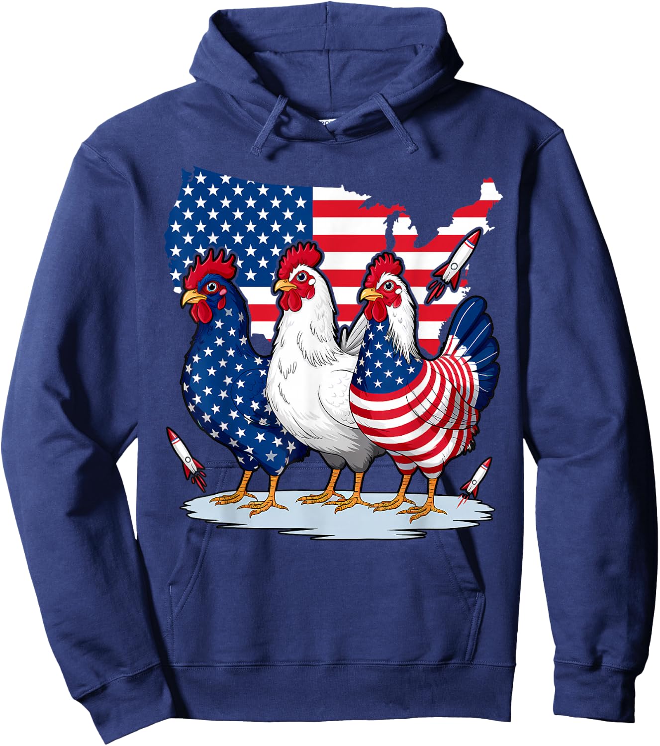 Chicken Red White Blue Patriotic Rooster 4th of July Men Boy Hoodie - Hoodie | Navy