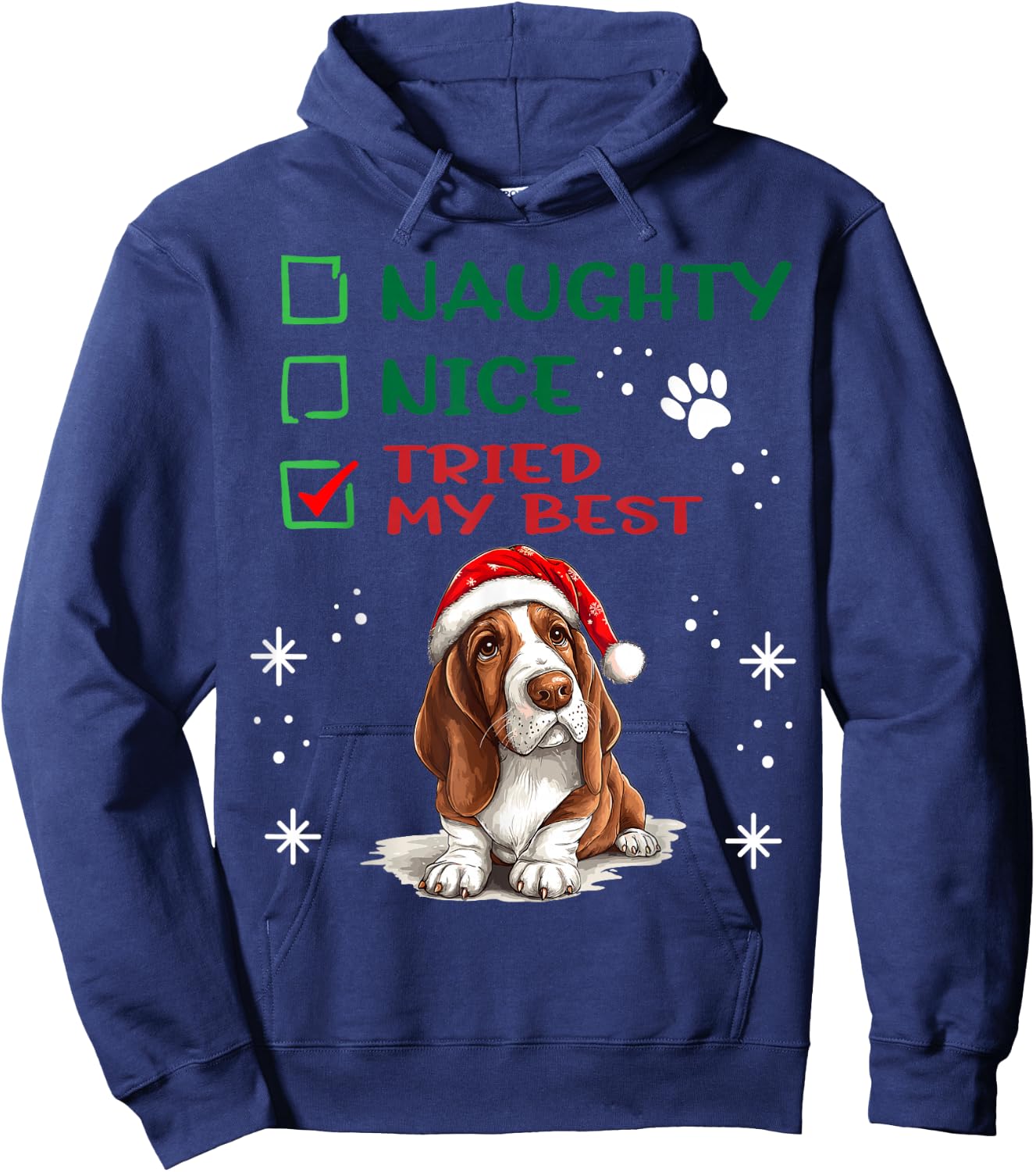 Cute Basset Hound Dog Christmas Naughty Nice Tried my Best Hoodie - Hoodie | Navy