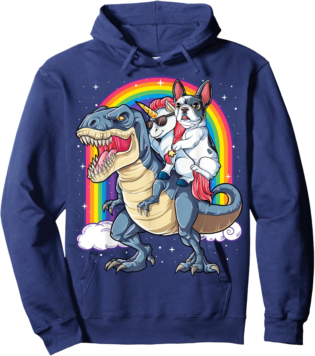 French Bulldog Unicorn Dinosaur T rex T shirt Girls Rainbow Hoodie - Hoodie | Navy