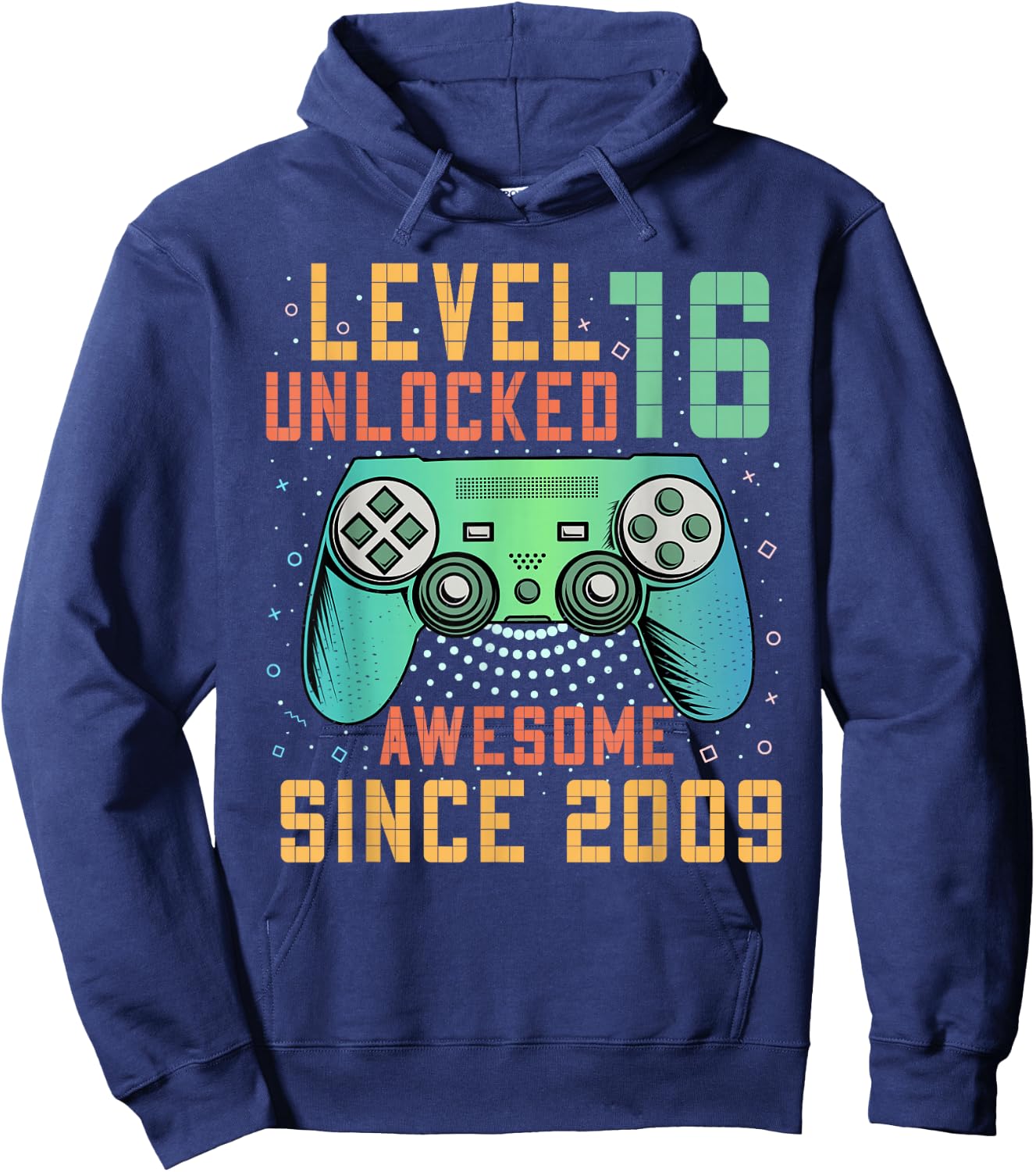 Awesome Since 2009 16 Birthday Boy Gamer Gifts Level 16 Unlocked 16th Birthday Black Kids Boys Gaming Retro Controller Design Classic Fit Short Sleeve Hoodie - Hoodie | Navy