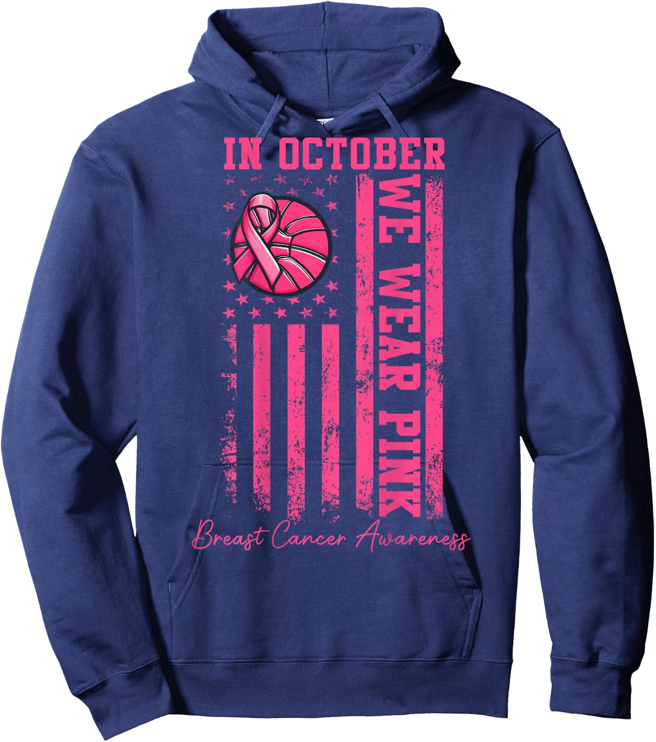 (ON BACK) In October We Wear Pink Basketball Breast Cancer Hoodie - Hoodie | Navy