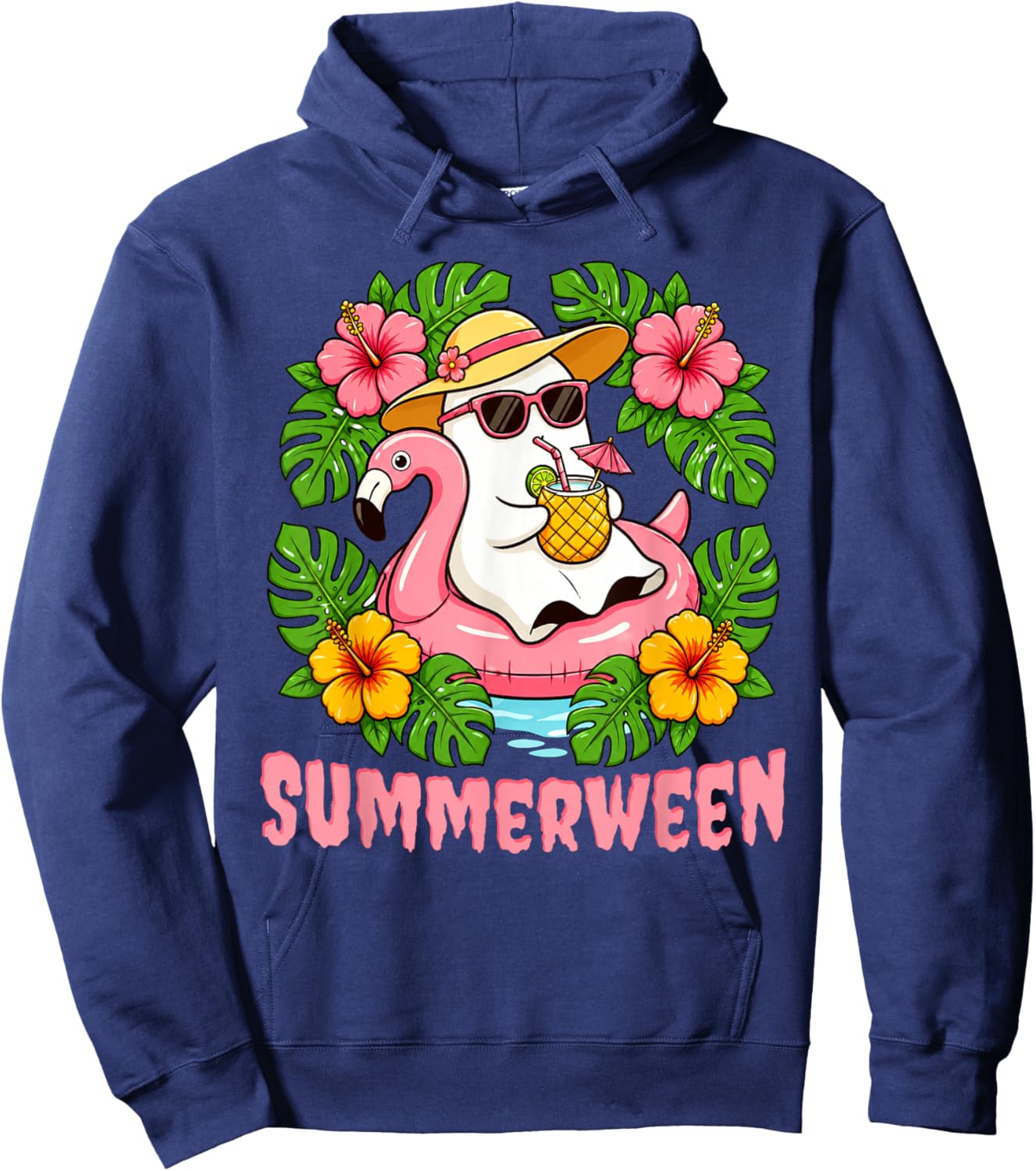 Summerween Funny Ghost Halloween Summer Floral Women Kids Hoodie - Hoodie | Navy