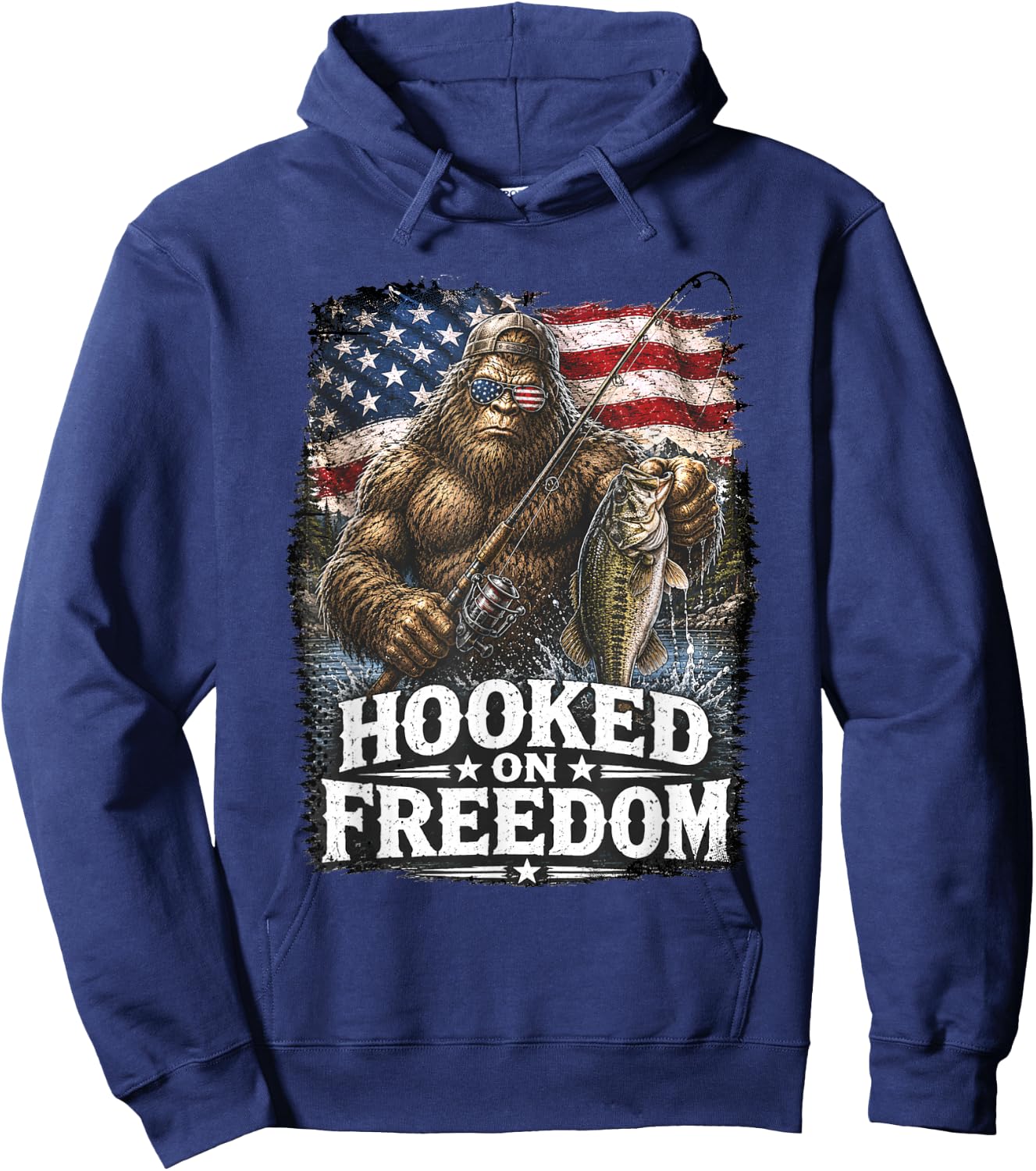 Hooked On Freedom Bigfoot Fishing Patriotic USA Hoodie - Hoodie | Navy