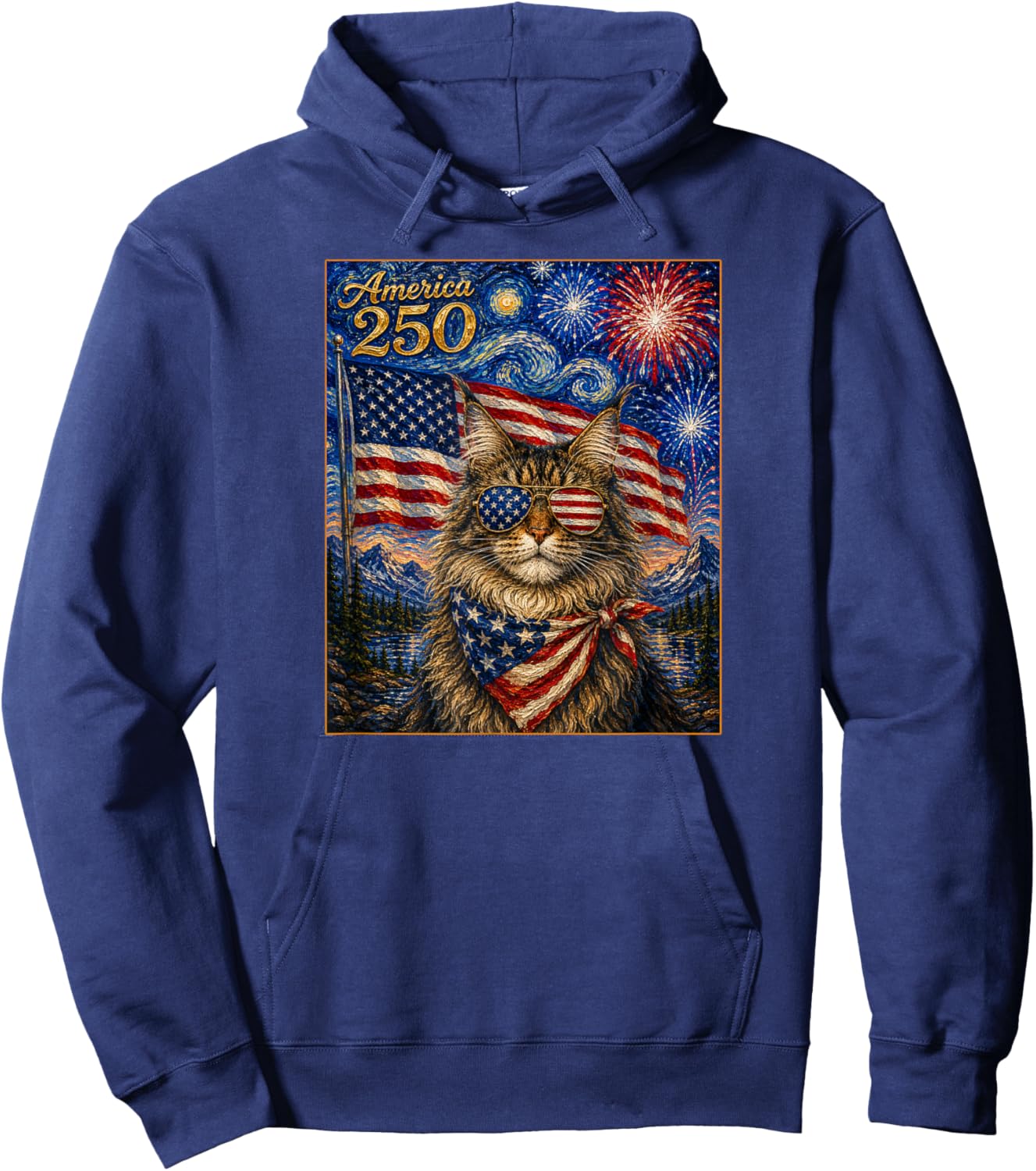 Main Coon Cat Art America 250 Anniversay 4 of July USA Flag Hoodie - Hoodie | Navy