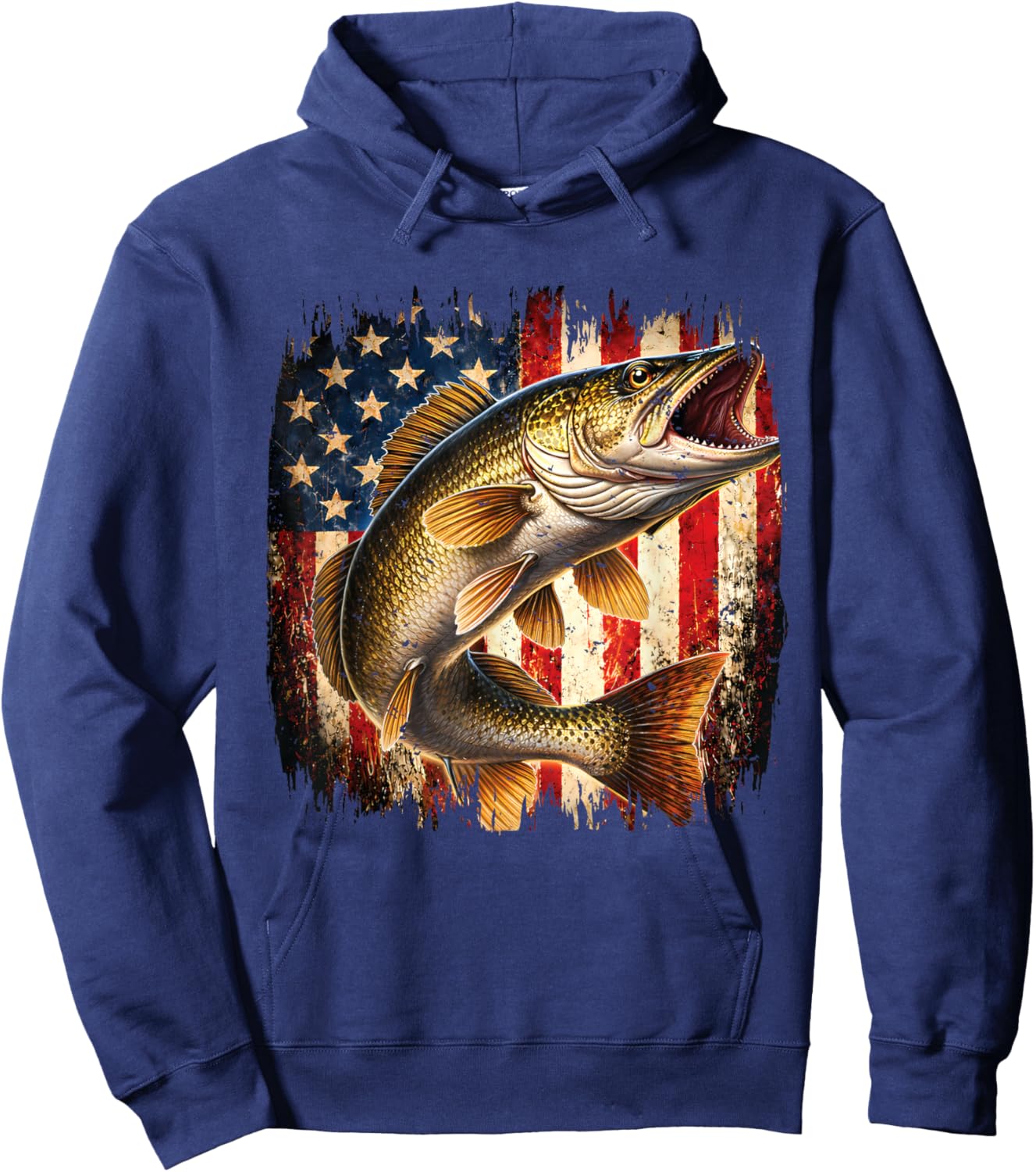 American Flag Walleye Fish Fishing Vintage Fisherman Hoodie - Hoodie | Navy