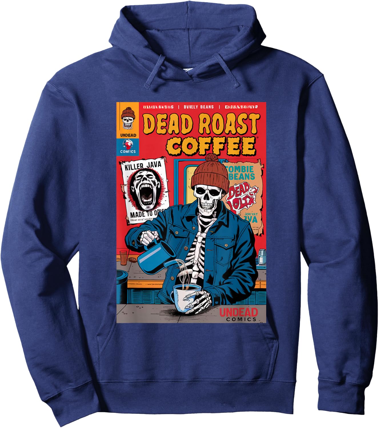 Dead Roast Coffee Comic Book Cover Style Skeleton Barista Hoodie - Hoodie | Navy