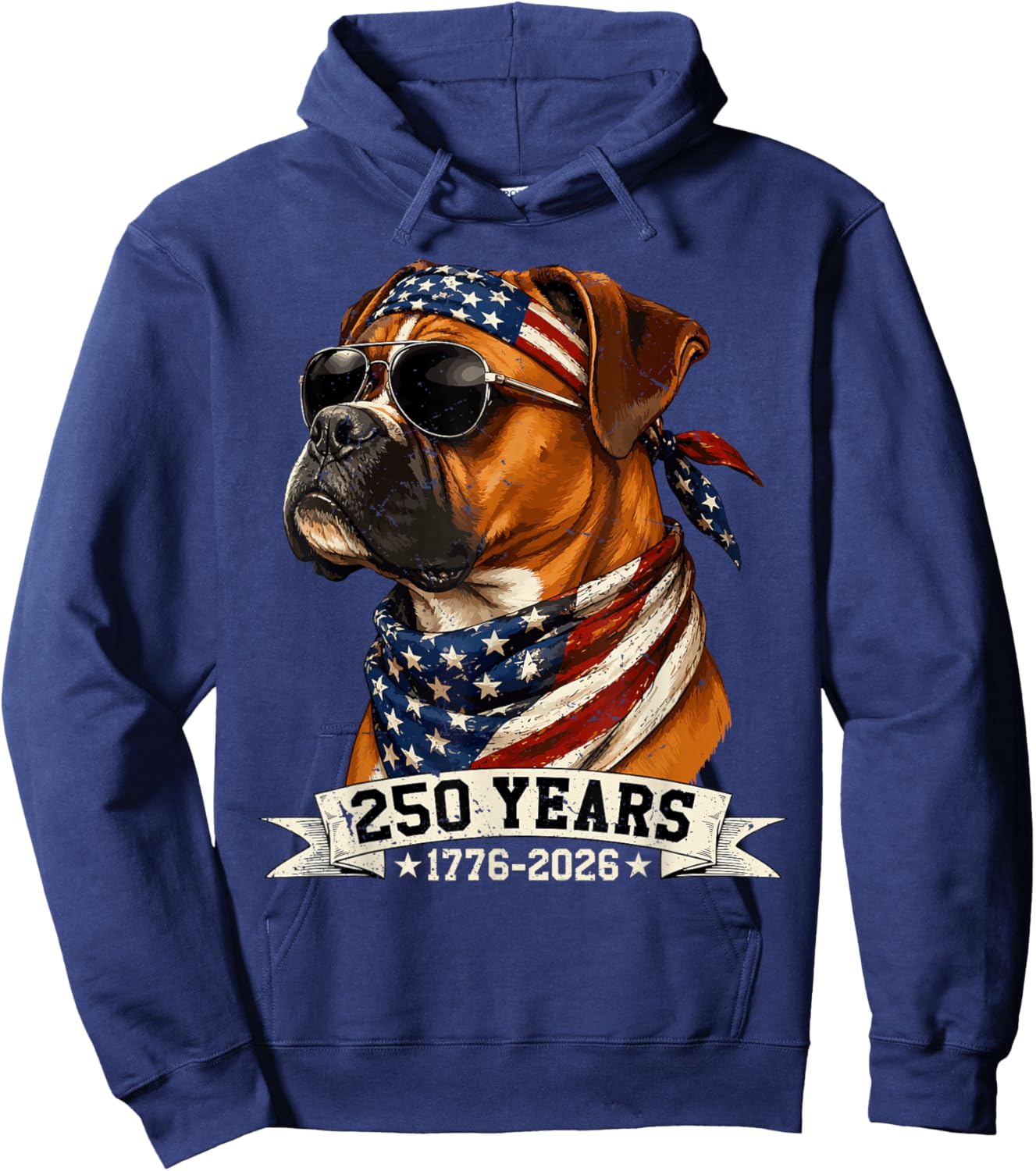 250 America Years 1776 2026 Boxer Dog USA Flag 4th of July Hoodie - Hoodie | Navy