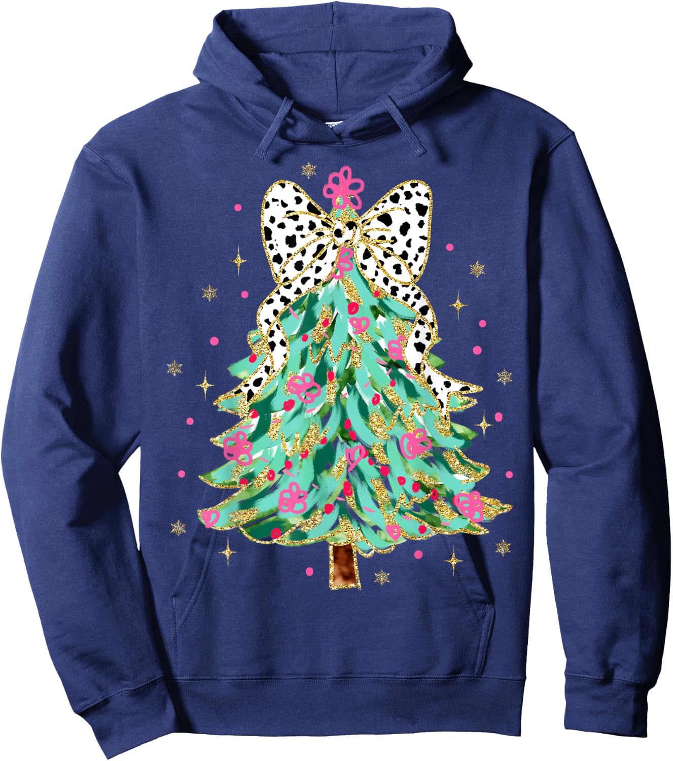Colorful Coquette Bow Christmas Tree Florals Cute Girly Xmas Hoodie - Hoodie | Navy