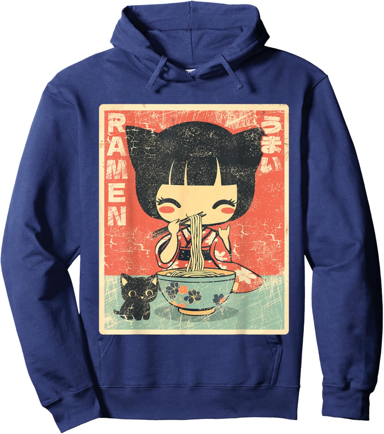 Japanese Kawaii Chibi Girl with Cat Ears Eating Ramen Hoodie - Hoodie | Navy
