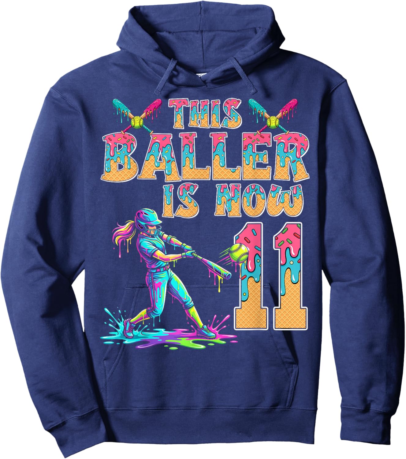 This Baller is Now 11 Years Old Birthday Girl Softball 11th Hoodie - Hoodie | Navy