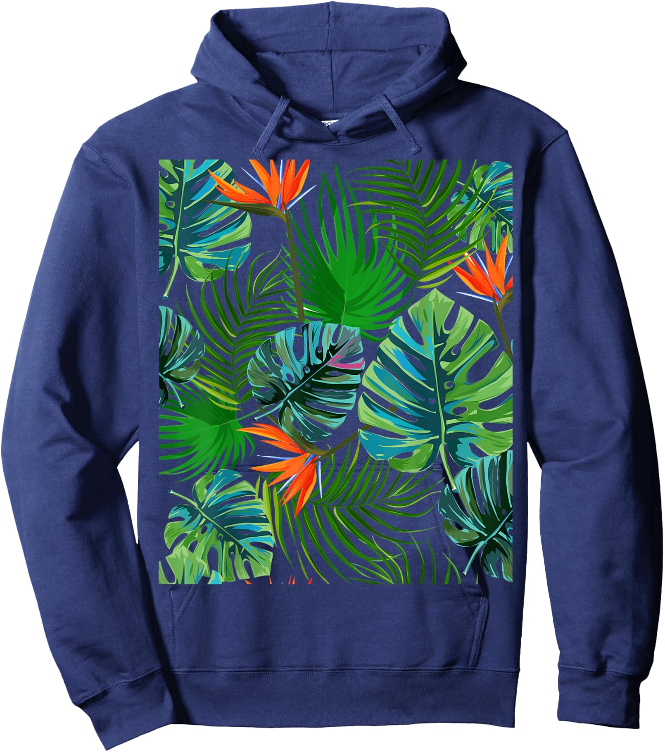 Birds of Paradise Tropical Floral Pattern Printed Hoodie - Hoodie | Navy