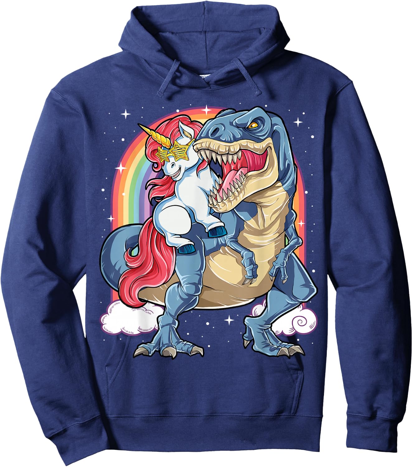 Unicorn Riding T rex Dinosaur Boys Girls Men Women Rainbow Hoodie - Hoodie | Navy