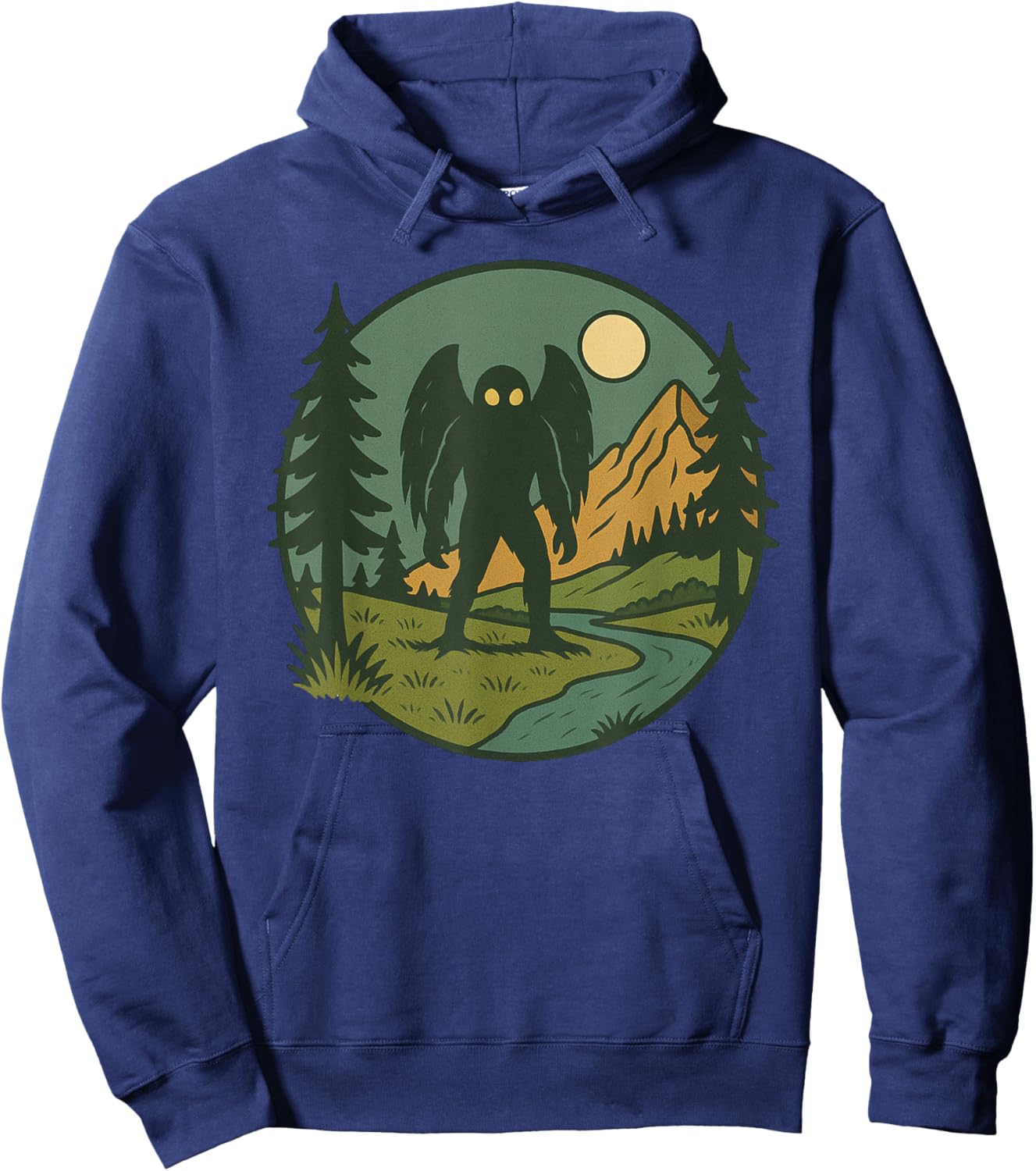 Mothman Retro Forest Creature with Mountains and River Hoodie - Hoodie | Navy