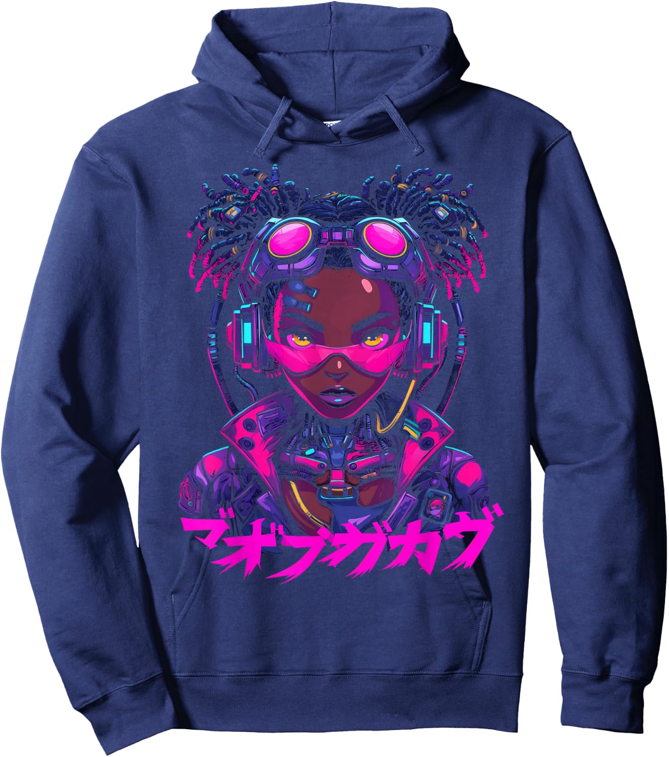 Harajuku Cyberpunk Black Girl Anime Manga Waifu Japanese Hoodie - Hoodie | Navy