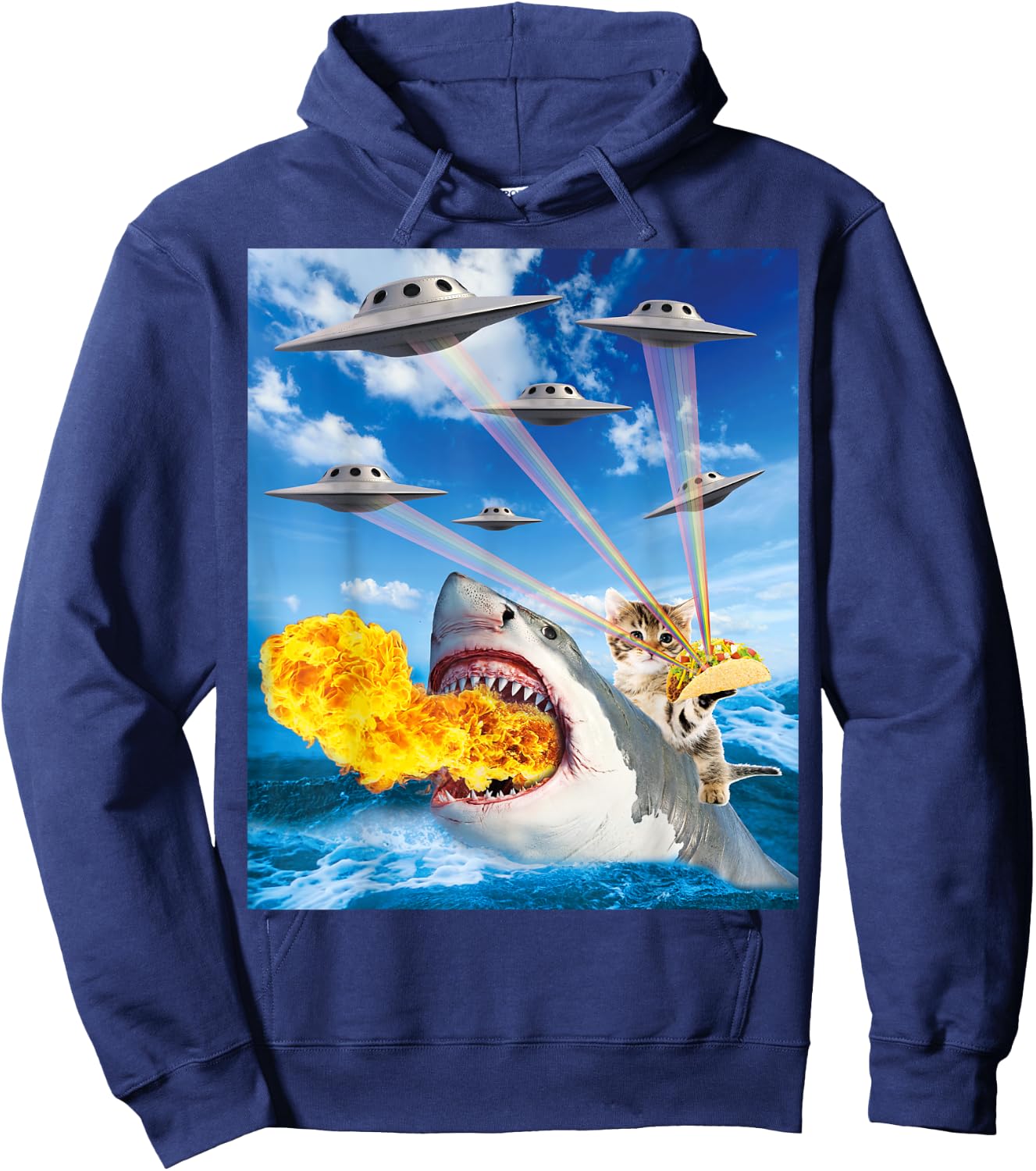 Cat Riding Fire Breathe Shark Rainbow Laser Taco Hoodie - Hoodie | Navy