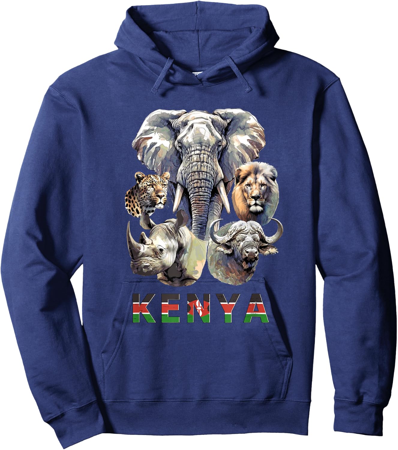 Kenya Big-Five Wildlife Watercolor for Safari Fans Hoodie - Hoodie | Navy