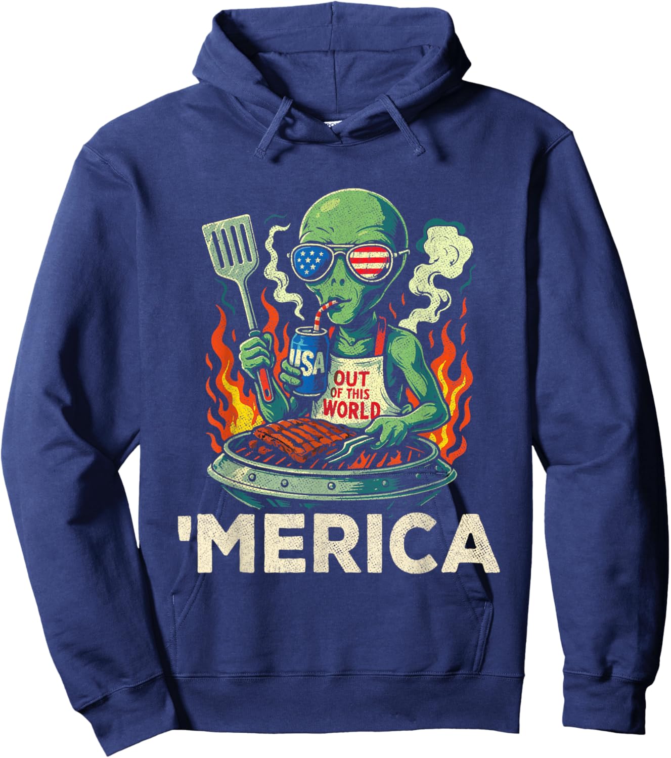 4th of July American Alien Grill - Merica USA - Funny Alien Hoodie - Hoodie | Navy