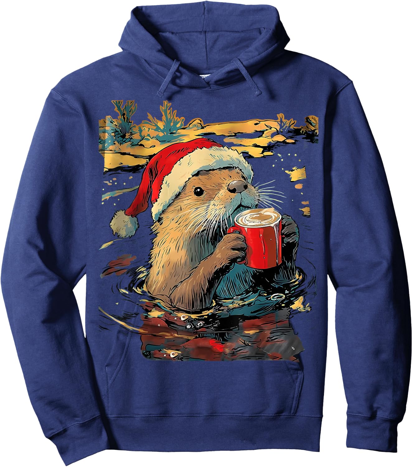 Christmas Otter Drinks Coffee Art Print Hoodie - Hoodie | Navy