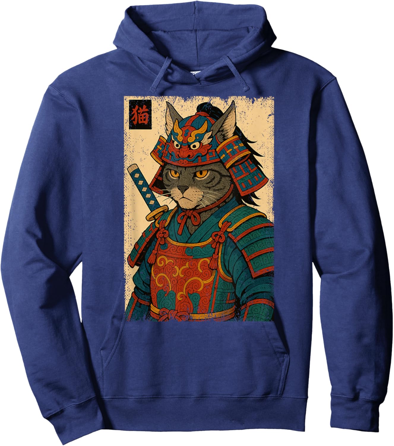 Japanese Samurai Gray Cat Vintage Japan Warrior Boys Girls Hoodie - Hoodie | Navy