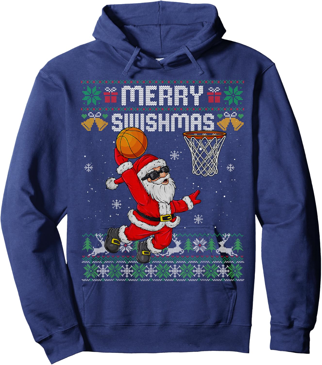 Merry Swishmas Ugly Christmas Sweater Funny Basketball Santa Hoodie - Hoodie | Navy