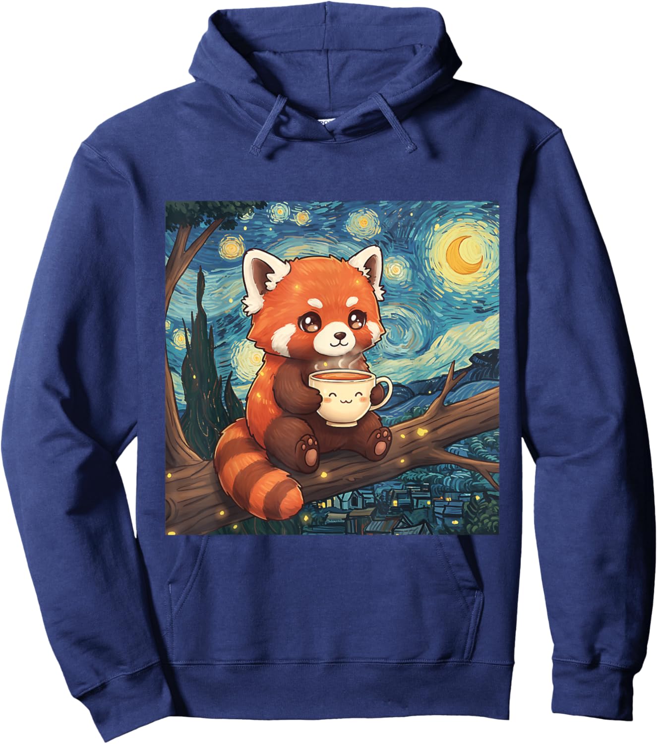 Fluffy Red Panda Holding Tea Cup Van Gogh Starry Night Art Hoodie - Hoodie | Navy