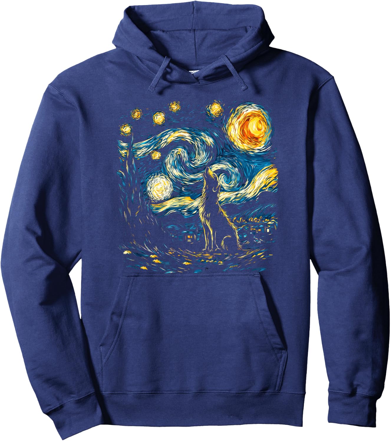 Wolf Starry Night Howling Moon Funny Van Gogh Graphic Hoodie - Hoodie | Navy