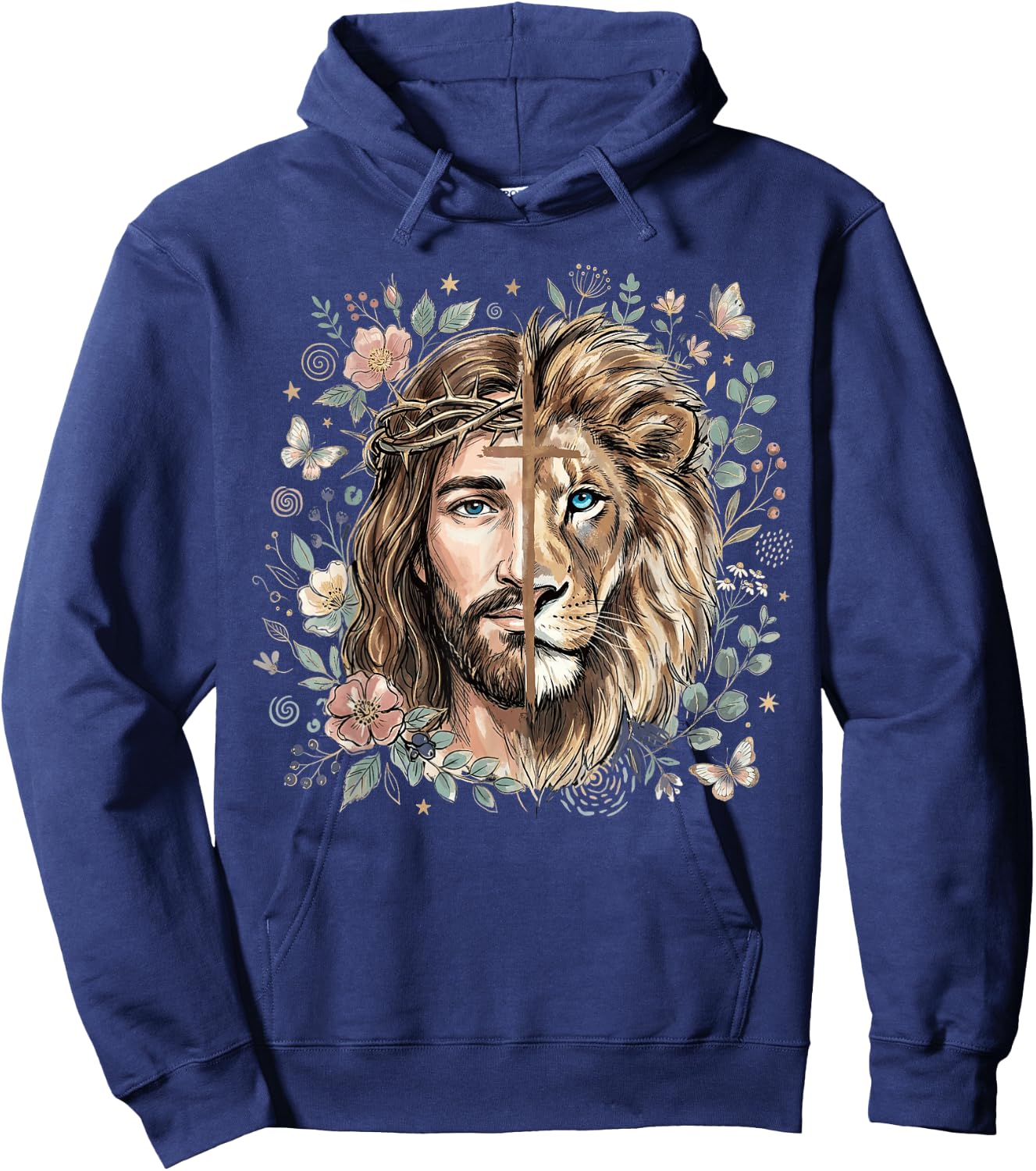 Lion of Judah Jesus Christian Cross Floral Faith Religious Hoodie - Hoodie | Navy
