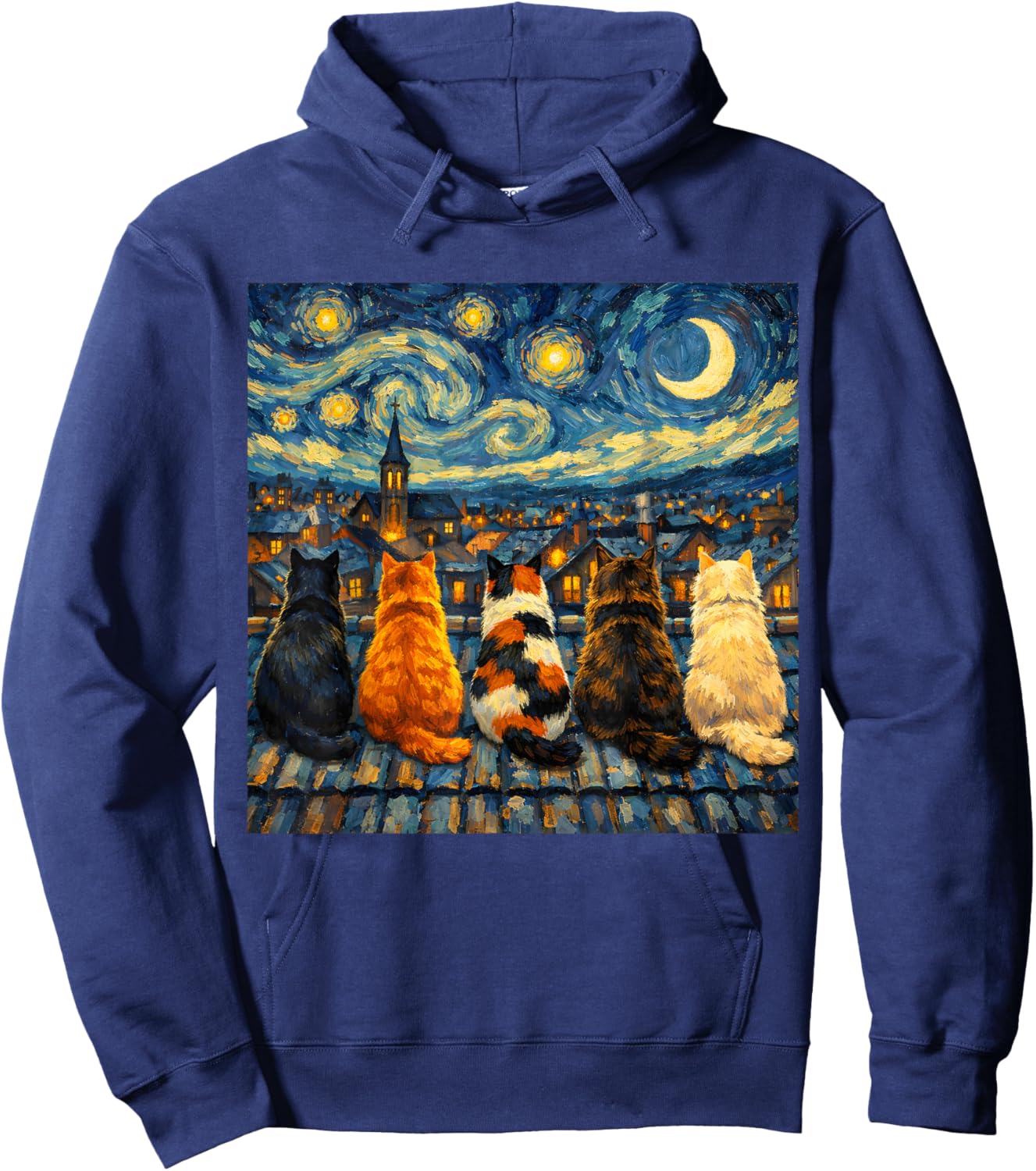 Funny Cat Starry Night Van Gogh Cats Rooftop Scene Feline Hoodie - Hoodie | Navy