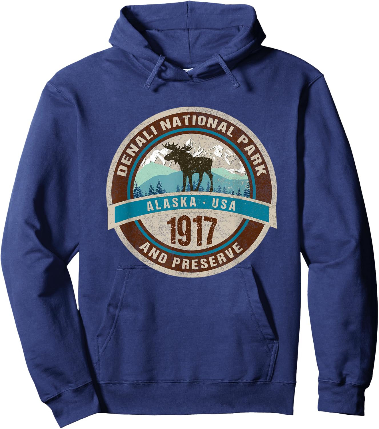 Denali National Park Alaska Vintage Moose Mountains Novelty Hoodie - Hoodie | Navy