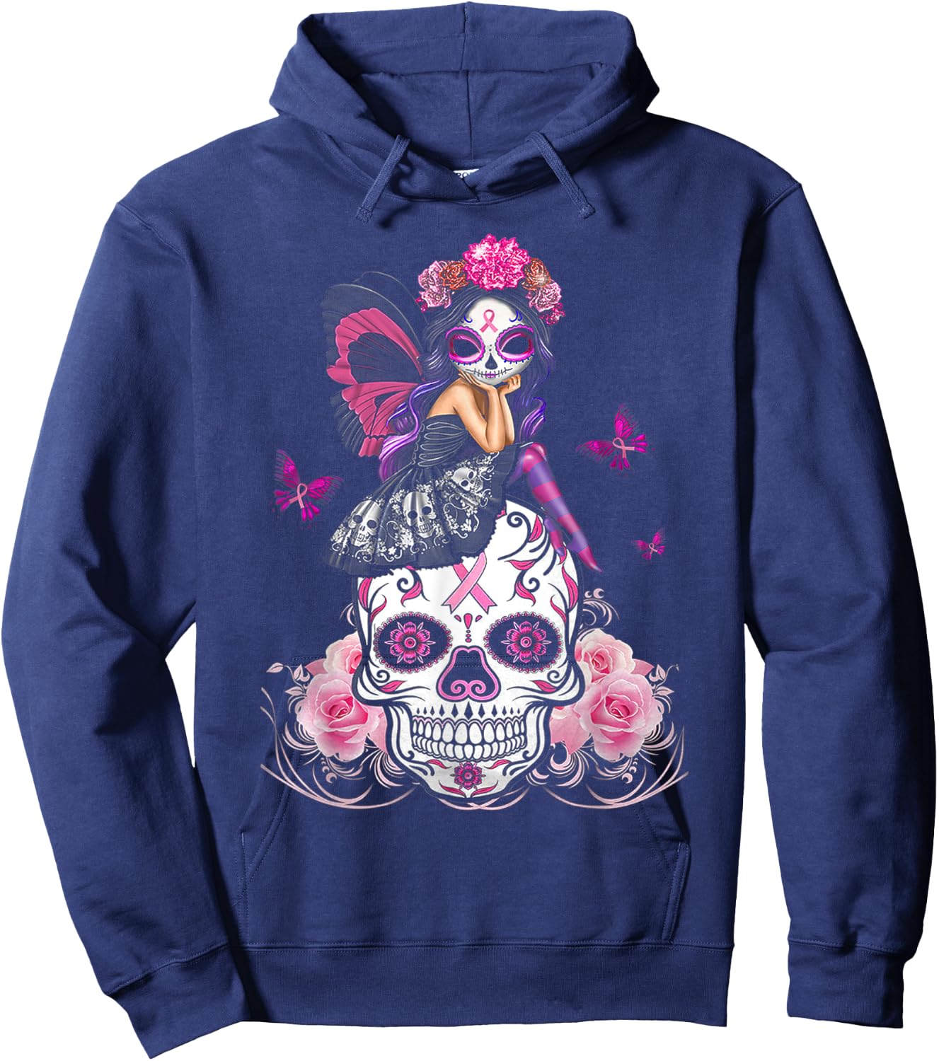 Cute Fairy Sugar Skull Breast Cancer Butterfly Pink Ribbon Hoodie - Hoodie | Navy