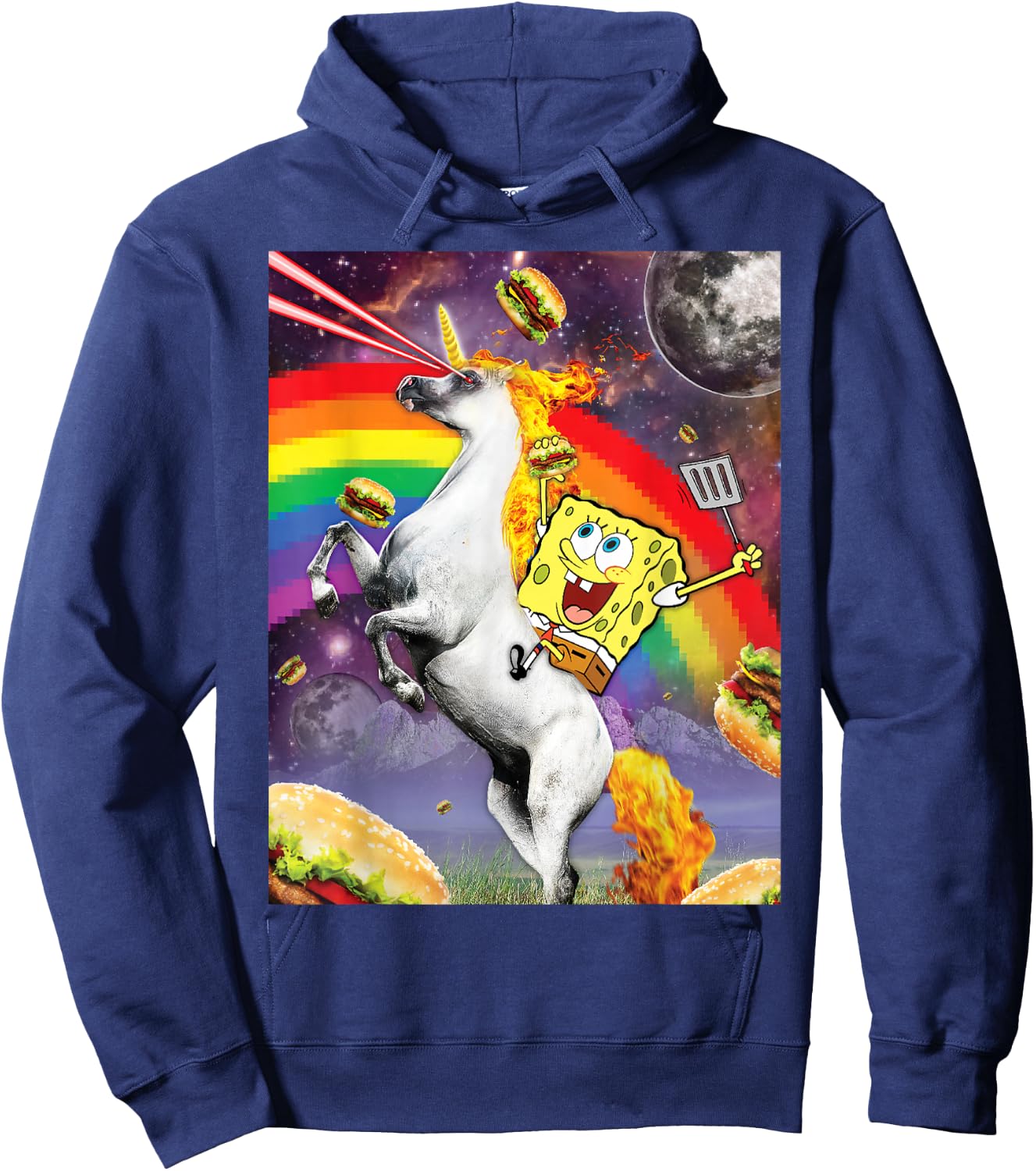 Spongebob SquarePants Unicorn Riding With Rainbow Hoodie - Hoodie | Navy