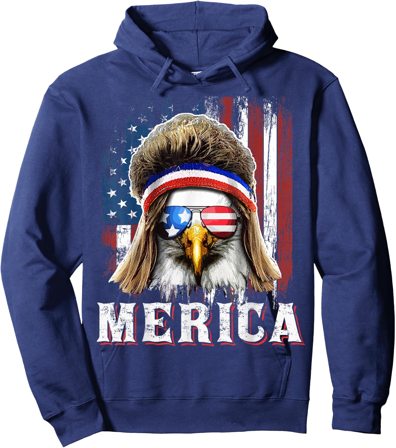 Merica Eagle Mullet 4th of July American Flag Stars Stripes Hoodie - Hoodie | Navy