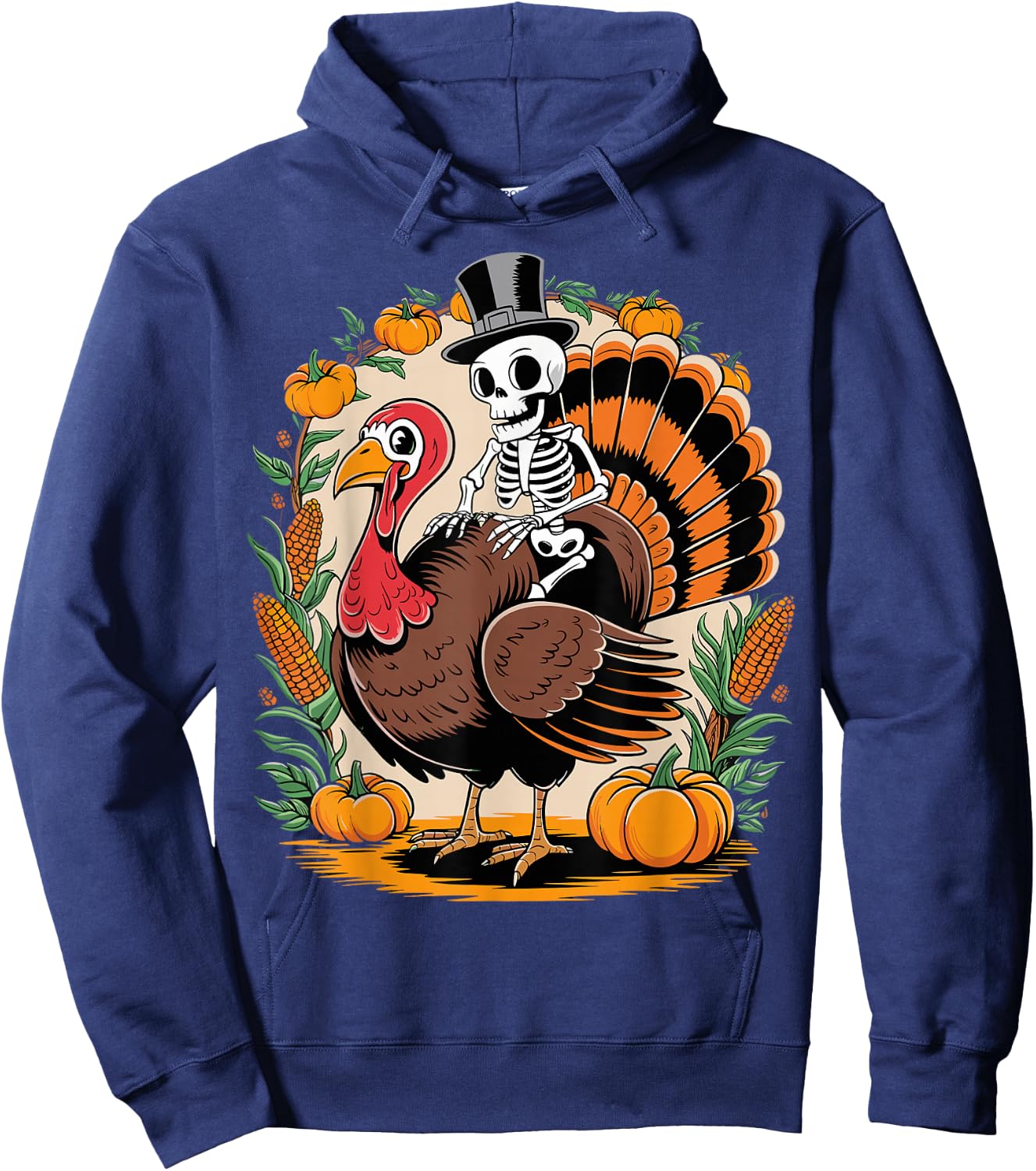 Skeleton Riding Turkey Thanksgiving Day Funny Fall Autumn Hoodie - Hoodie | Navy