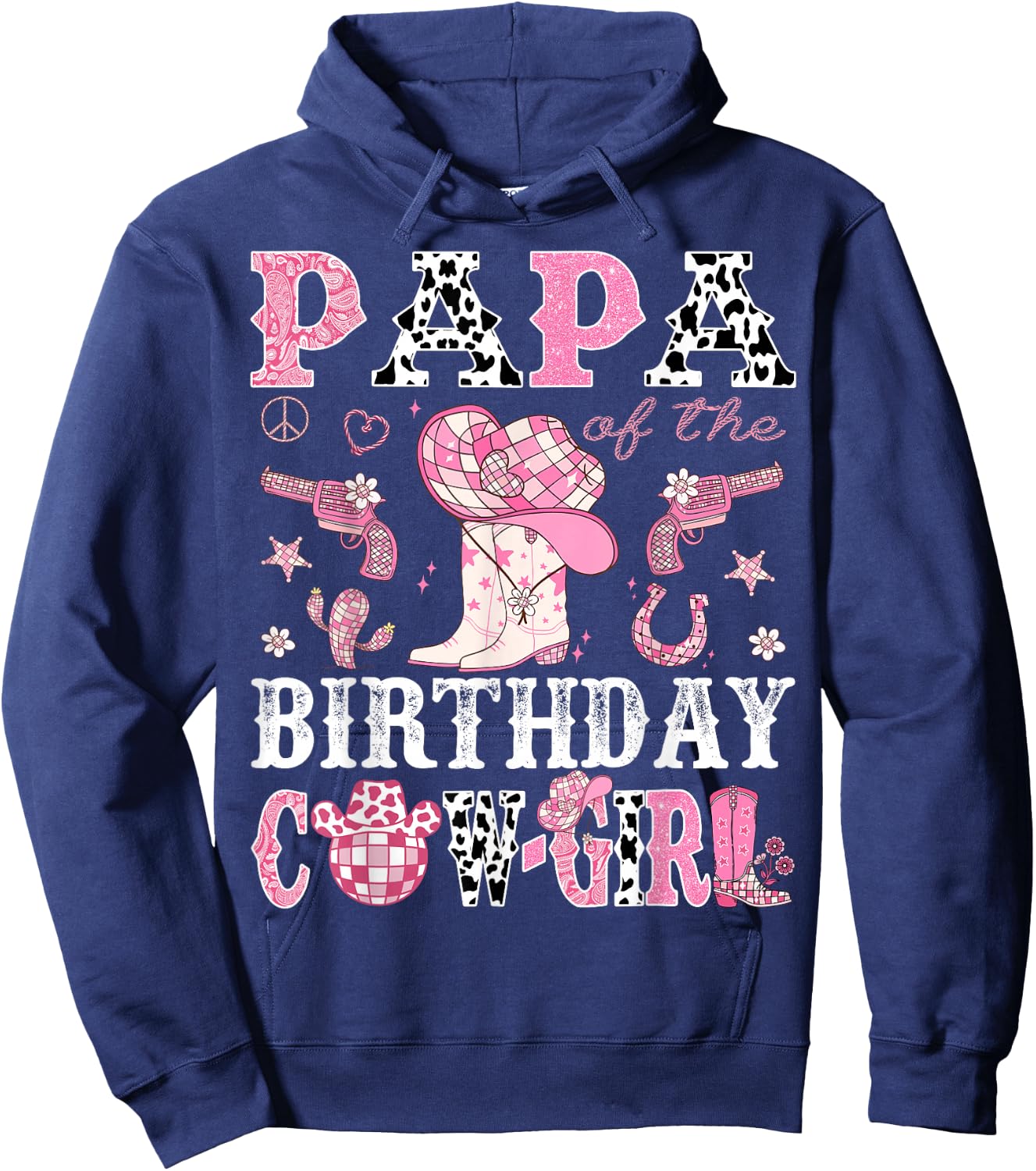 Papa Of The Birthday Cow-Girl Pink Disco Rodeo Western Hoodie - Hoodie | Navy