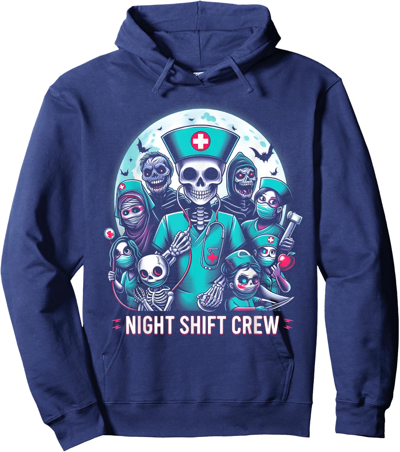 Night-Shift Crew Ghost Skeleton Zombie Funny Halloween Nurse Hoodie - Hoodie | Navy