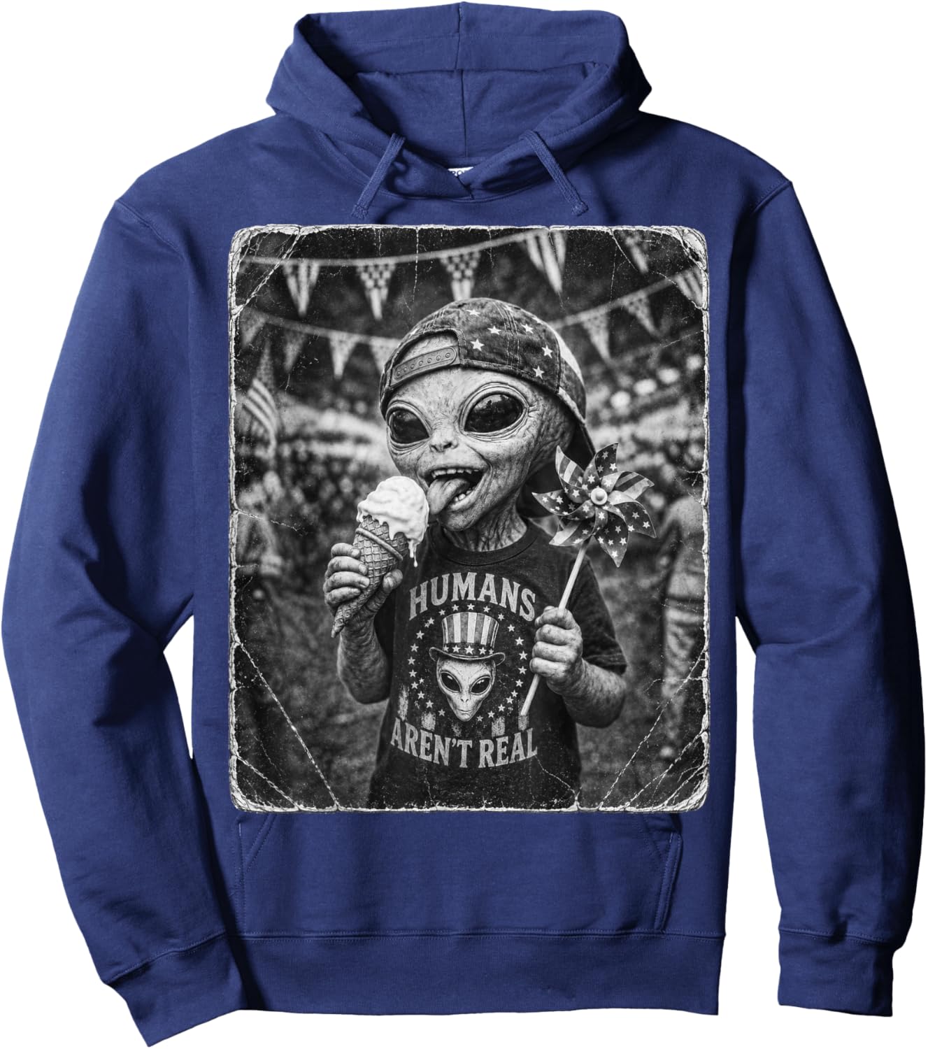 Retro Funny Alien Patriotic UFO American USA Flag 4th July Hoodie - Hoodie | Navy