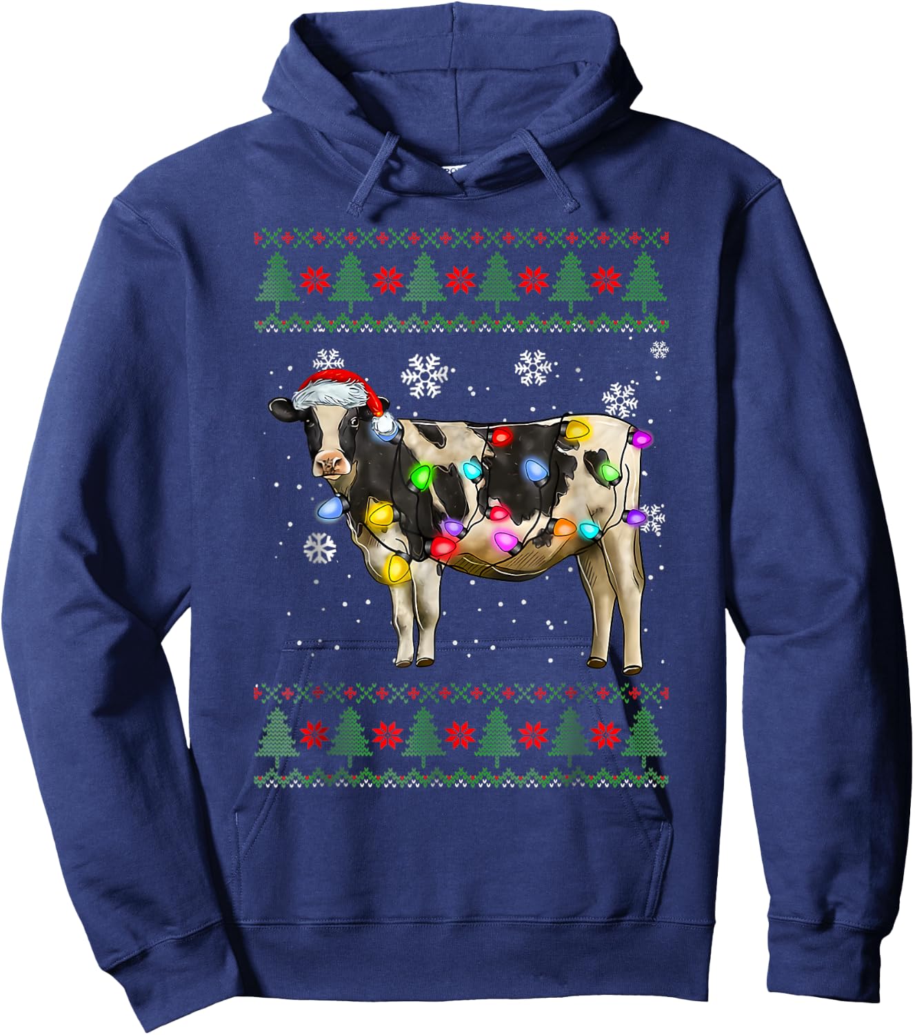 Ugly Cow Christmas Sweater Santa Hat and Light Up Xmas Hoodie - Hoodie | Navy