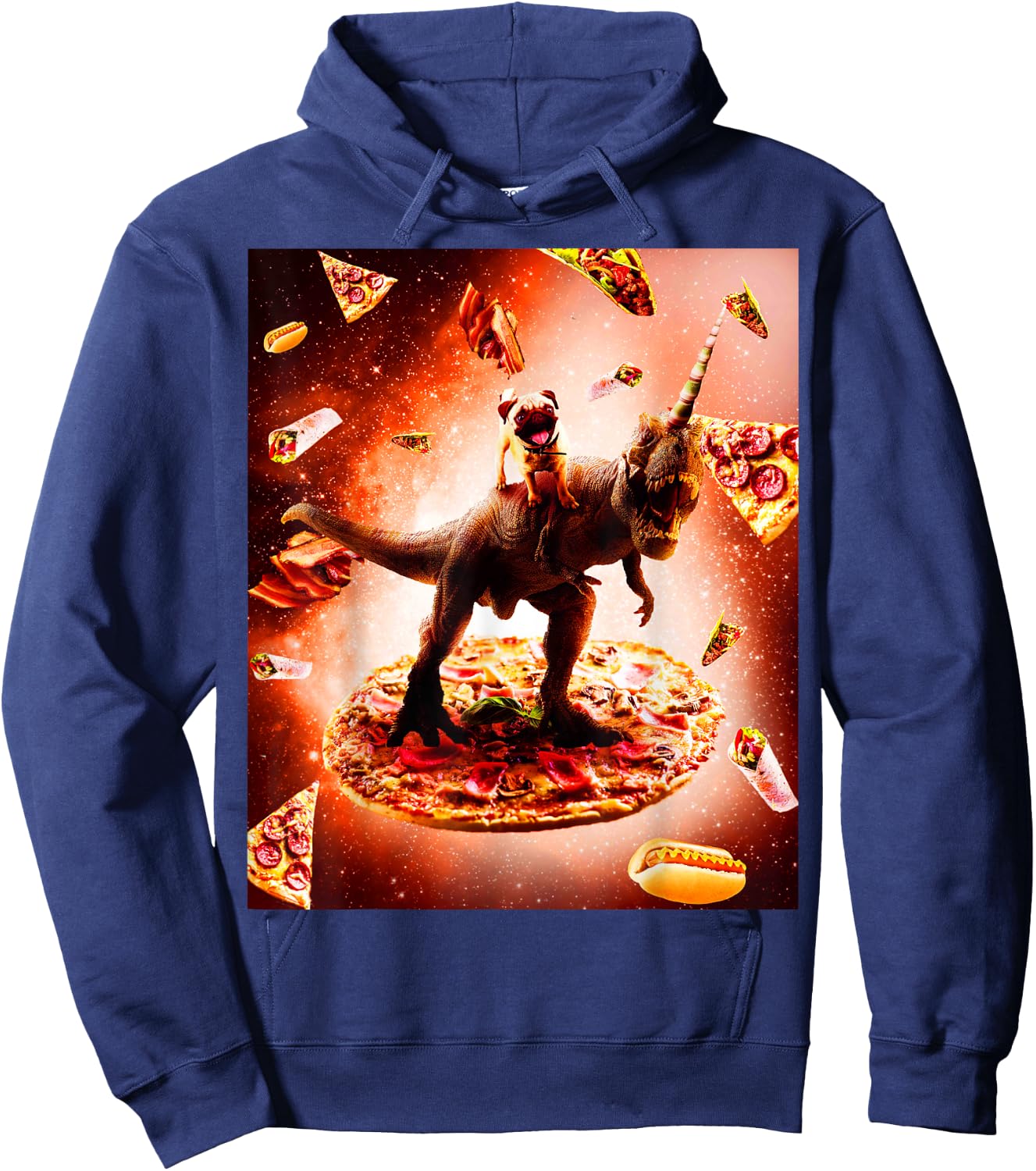 Outer Space Pug Riding Dinosaur Unicorn - Pizza Hoodie - Hoodie | Navy