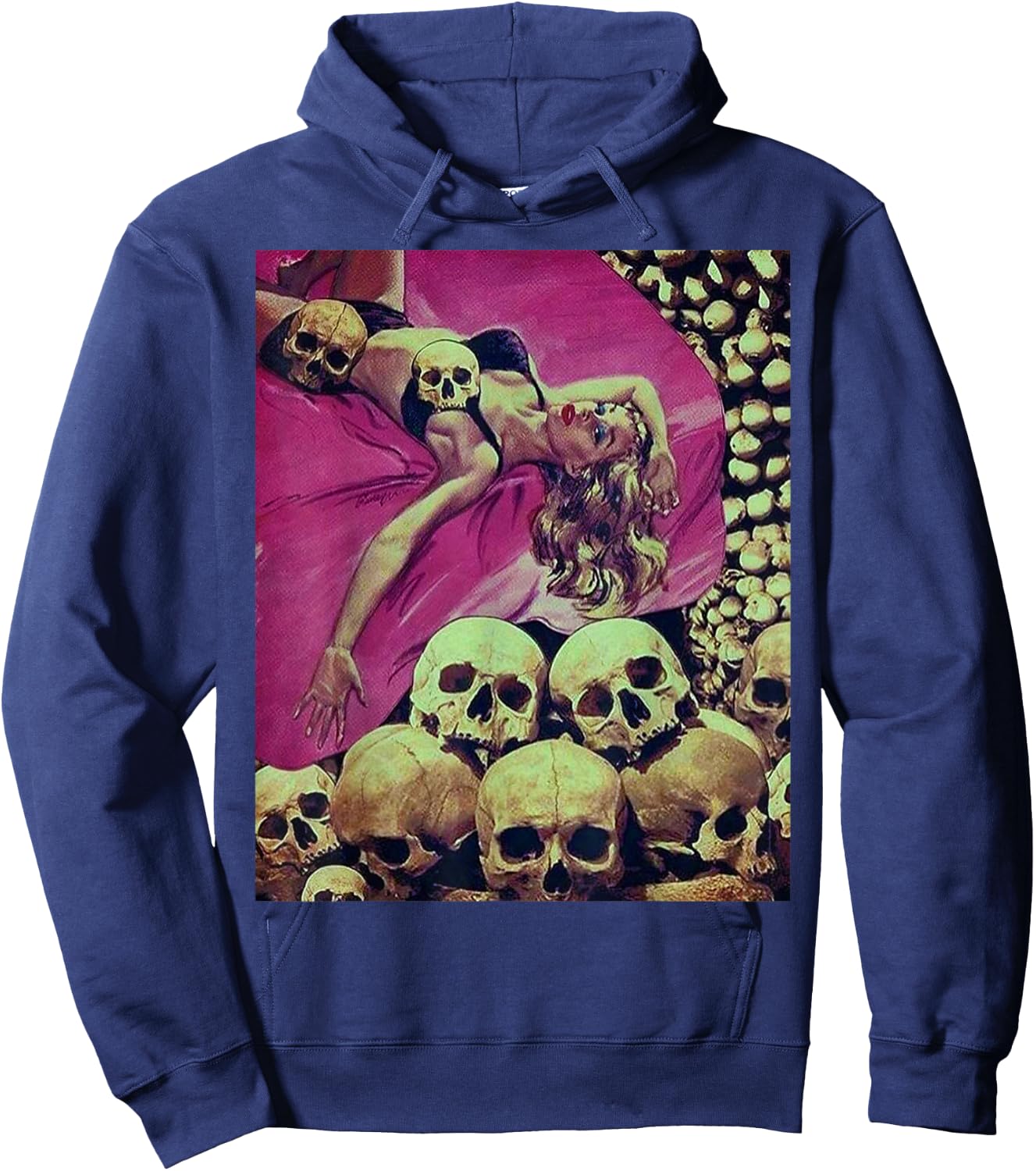 Pin Up Girl in a Bed of Skulls Sci Fi Sexy Horror Comic Book Hoodie - Hoodie | Navy