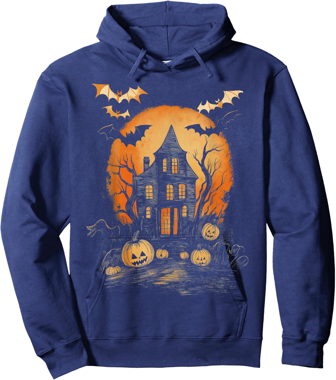 Vintage Spooky Halloween Hunted House Night Casual Graphic Hoodie - Hoodie | Navy