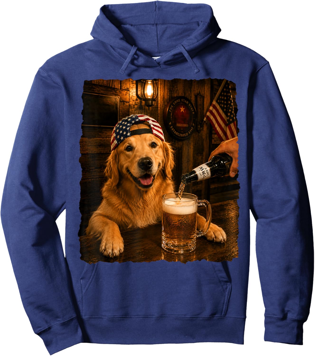 Golden Retriever Dog Meme Drinking Beer USA Flag 4th of July Hoodie - Hoodie | Navy