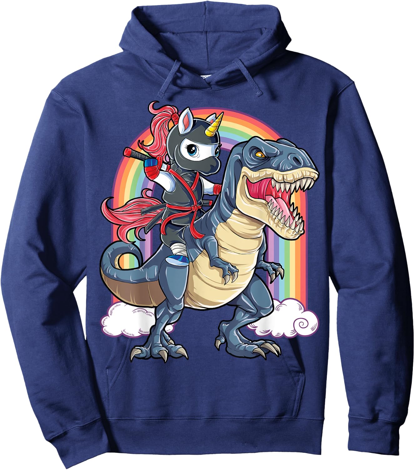 Ninja Unicorn Riding Dinosaur T Rex Funny Men Women Rainbow Hoodie - Hoodie | Navy