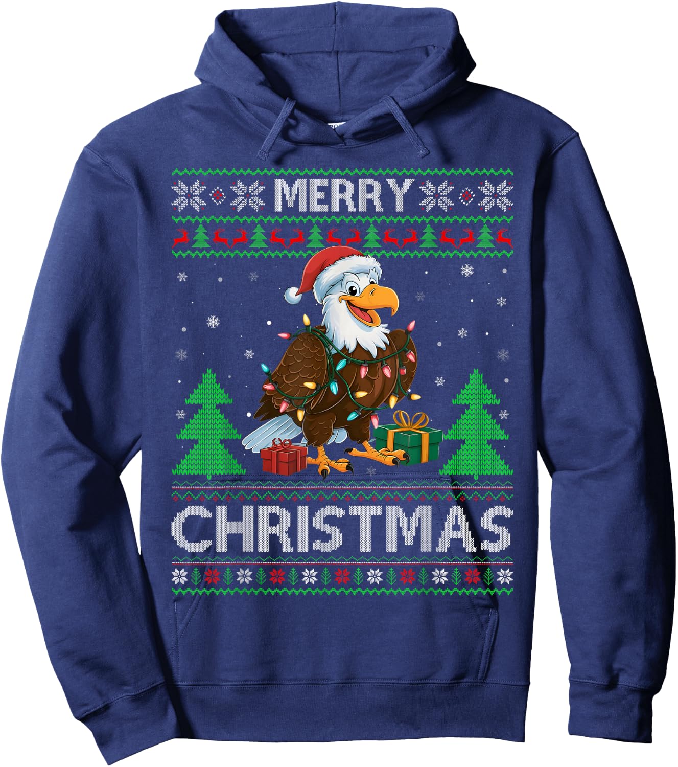 Ugly Xmas Sweater Style Lights Santa Eagle Christmas Hoodie - Hoodie | Navy