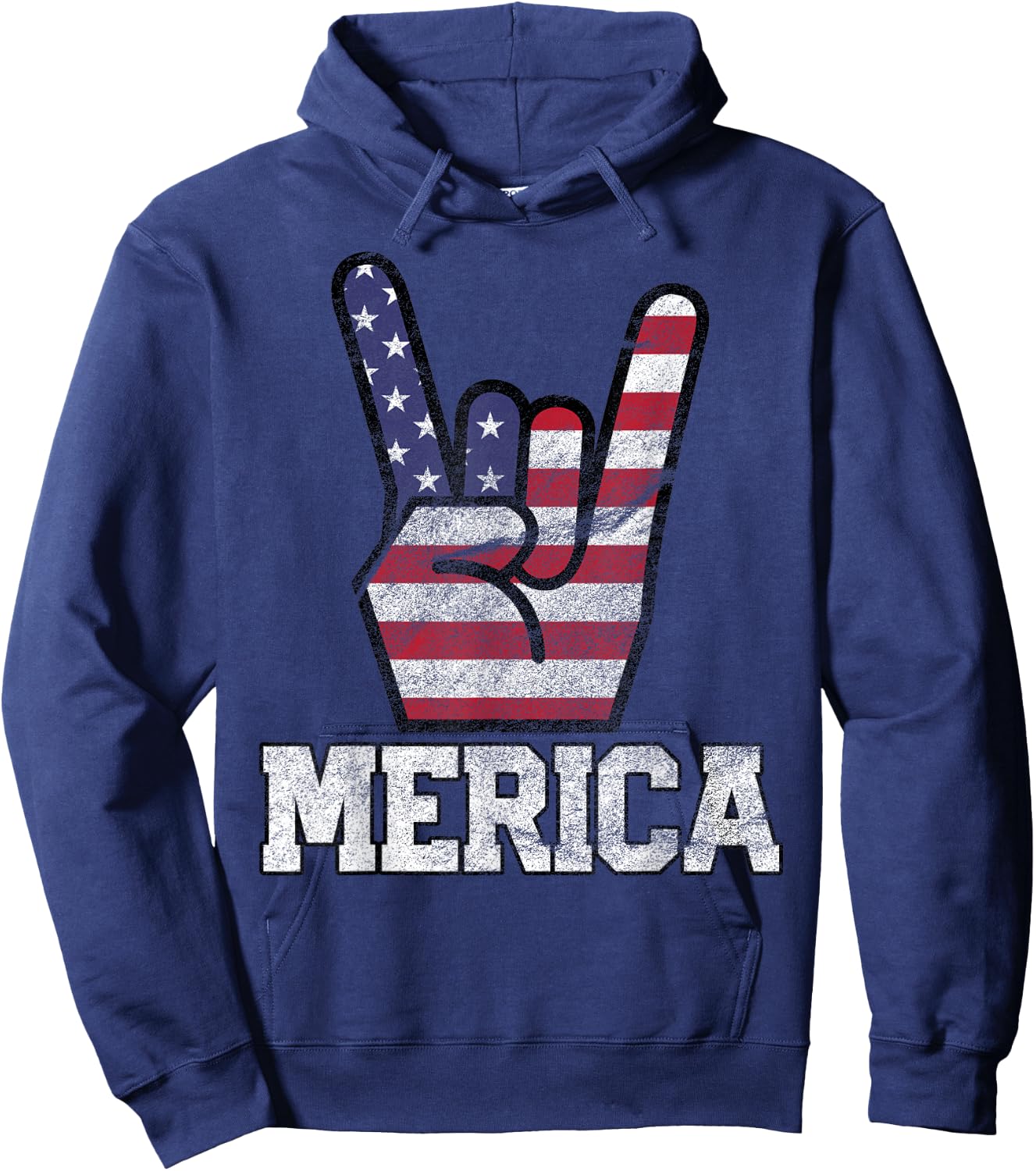 Merica Rock Sign 4th of July Vintage American Flag Retro USA Small Hoodie - Hoodie | Navy