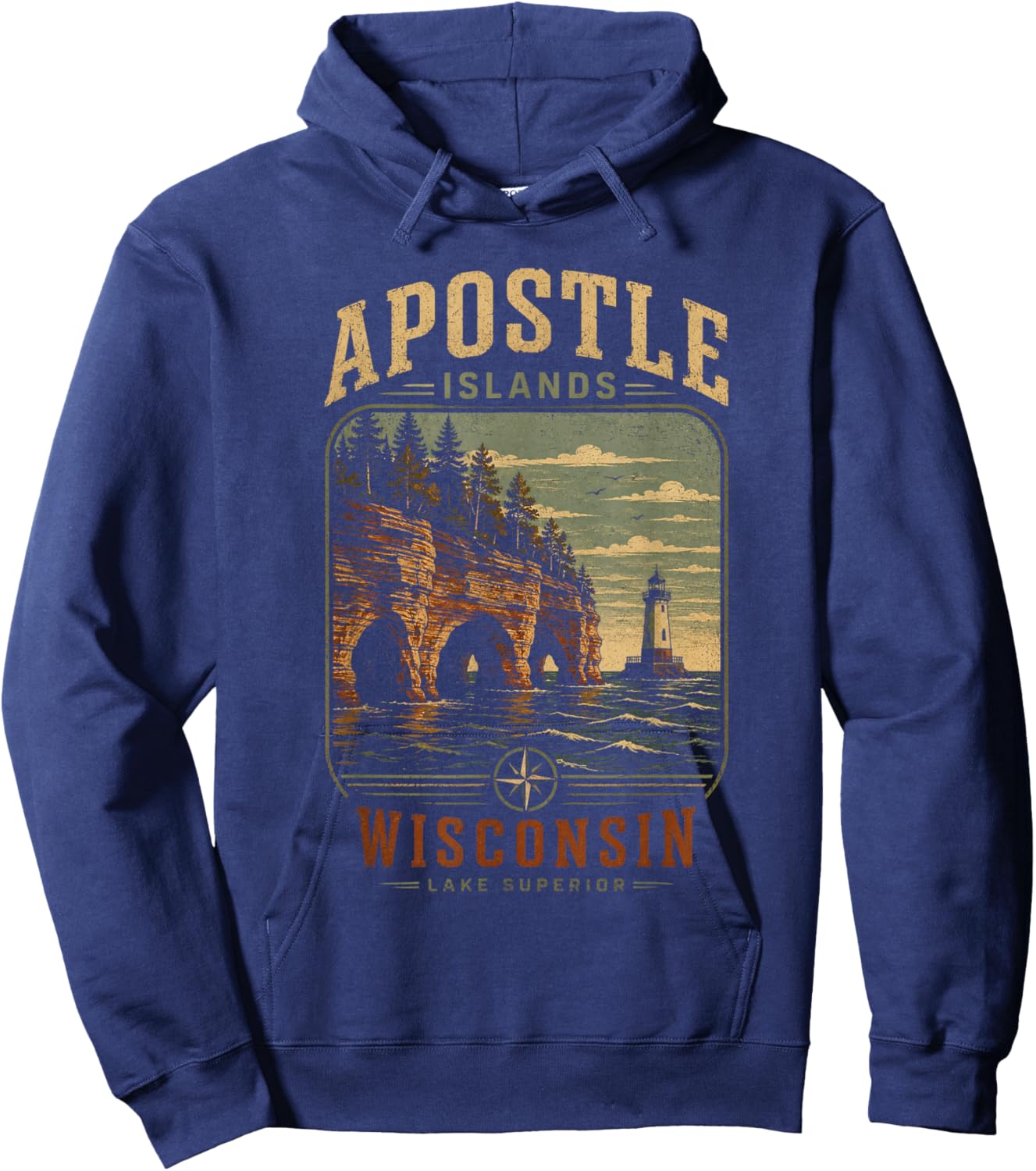 Vintage Apostle Islands Wisconsin Sea Caves Lighthouse Hoodie - Hoodie | Navy