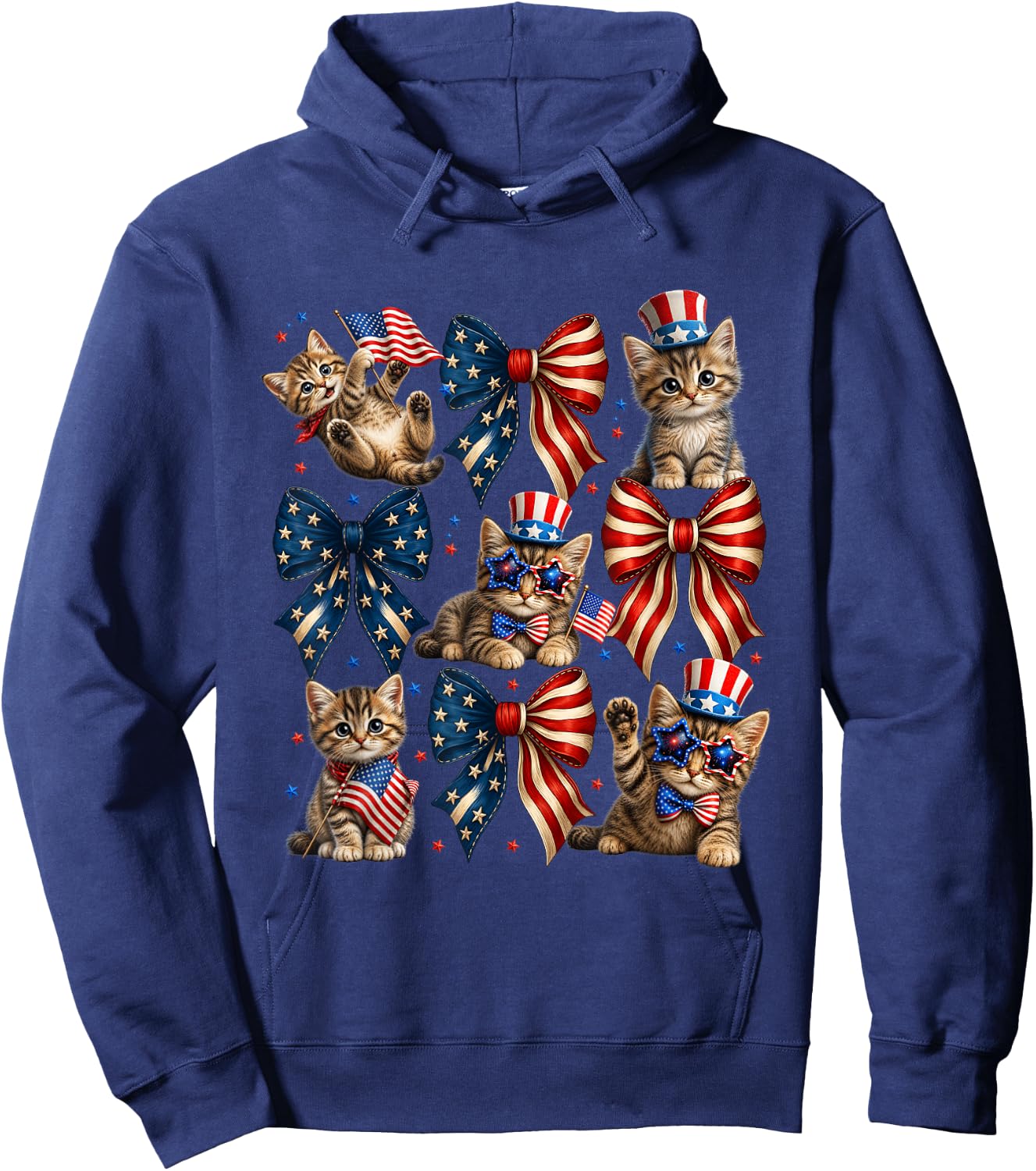 Patriotic Cat USA Flag Bow Independence Day Fourth of July Hoodie - Hoodie | Navy