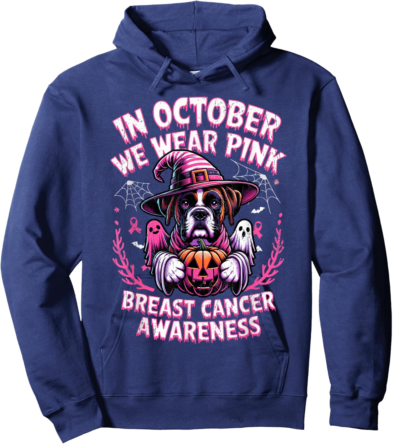 In October We Wear Pink Ghost Boxer Dog Breast Cancer Women Girls Kids Hoodie - Hoodie | Navy